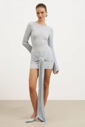 Fine Knit Gathered Longsleeve Mini Dress - Powder Blue Shimmer Airy Touch