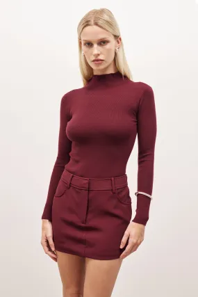 Fine Knit High Neck Bodysuit - Burgundy No Iron Fabric Sporty Sweatshirt