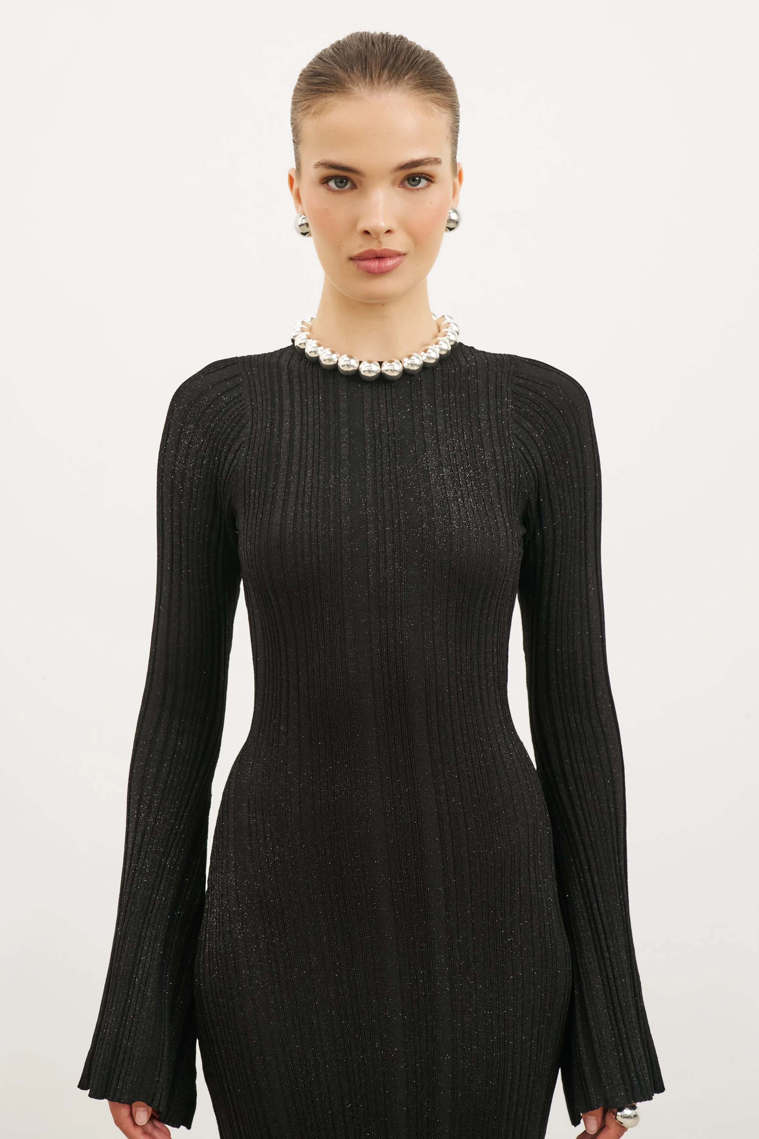 Fine Knit Longsleeve Open Back Maxi Dress - Black Shimmer Light Attitude Vibrant Movement