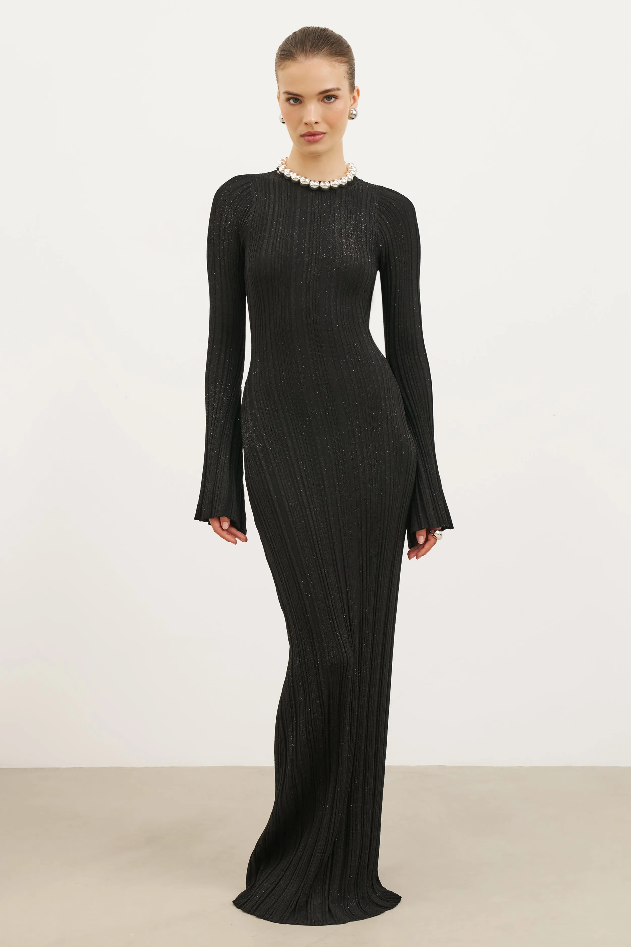 Fine Knit Longsleeve Open Back Maxi Dress - Black Shimmer Spring Style