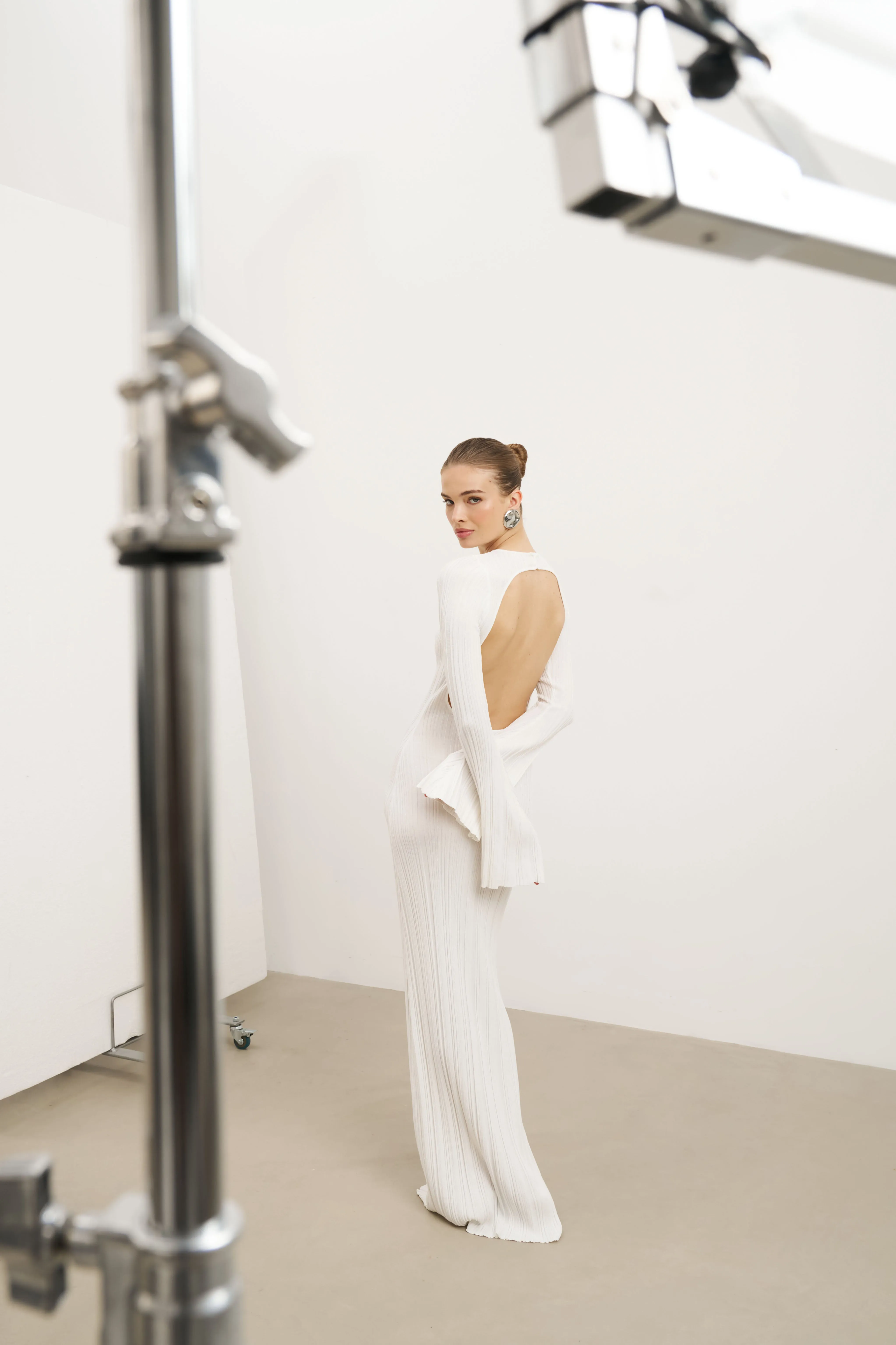 Fine Knit Longsleeve Open Back Maxi Dress - White Shimmer Matte-finish Happy Soul