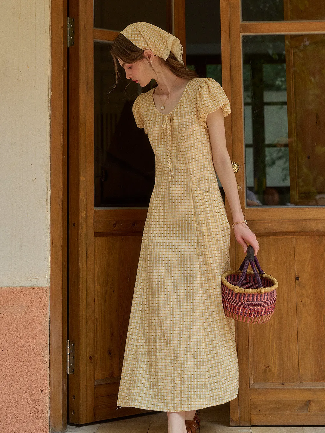 Willow Round Neck Plaid Puff Sleeve Viscose Dress - Yellow Sporty Comfort Comfort First