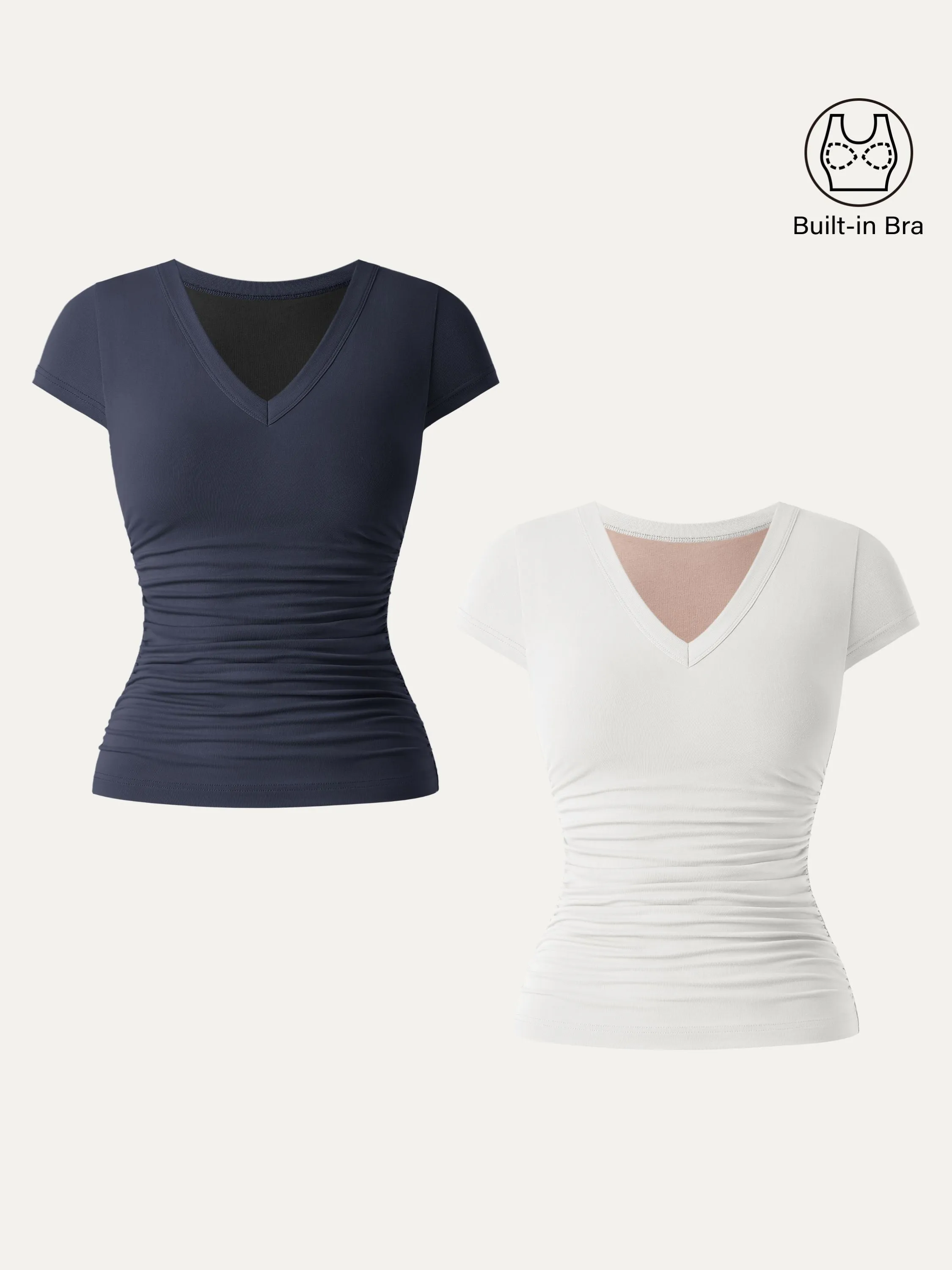 Contemporary Cut Reversible design 2Pcs Set Elevated V-neck Side Ruched Cap Sleeve Brami Tee