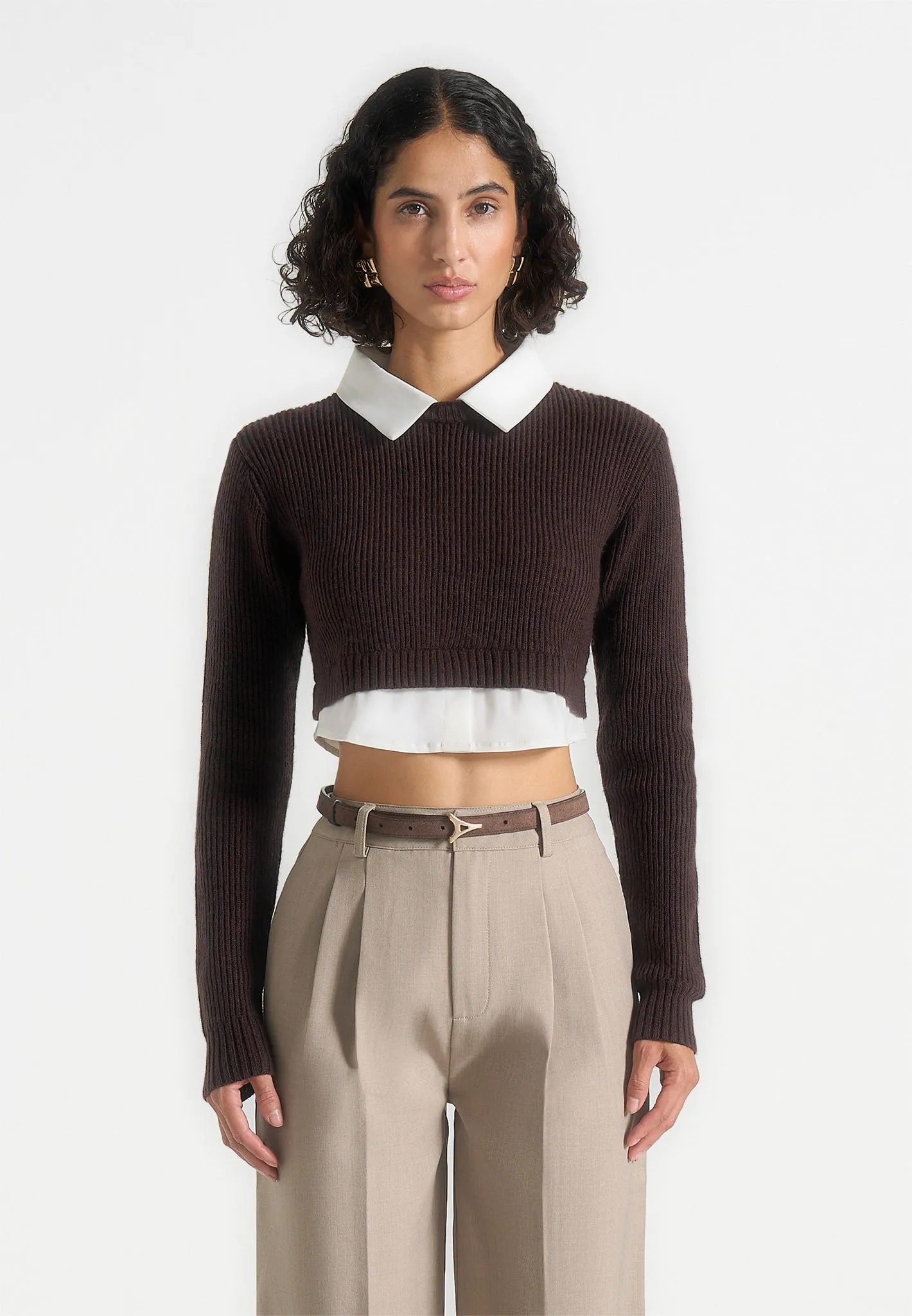 Flavie - Knitted Jumper With Shirt Detail - Brown UV protection layer