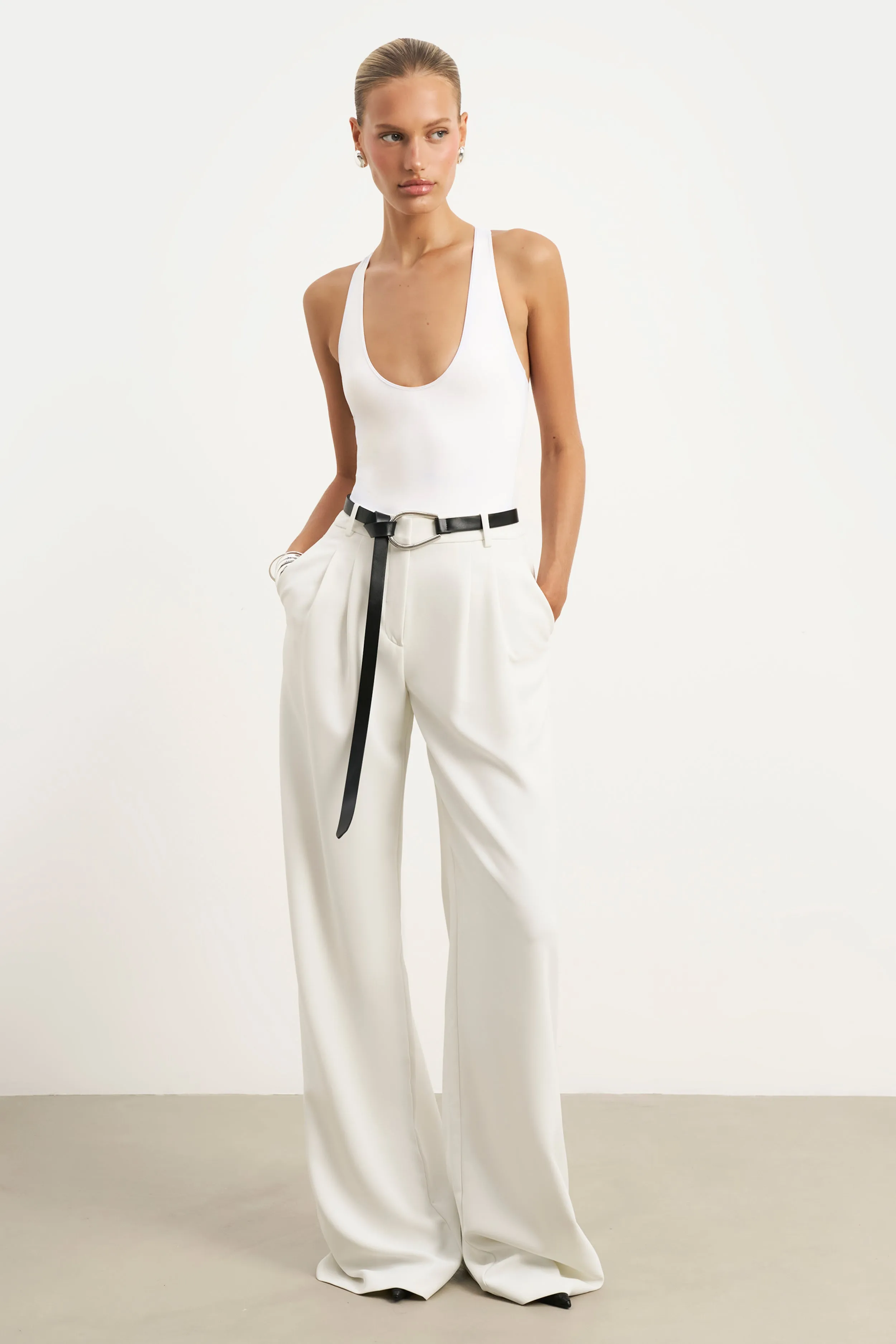 Scoop Neck Racer Bodysuit - White Casual Style Timeless Cut