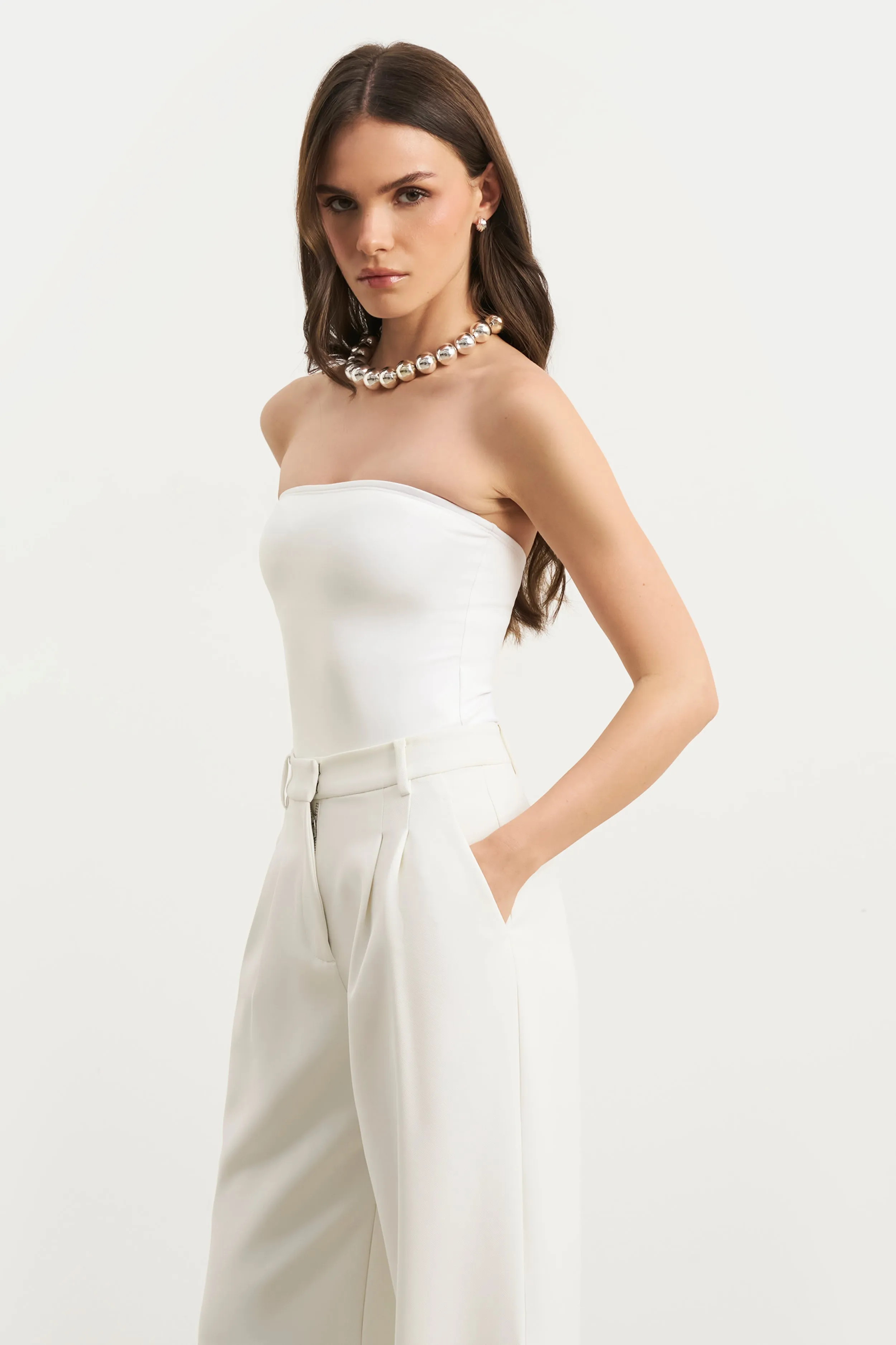 Light material Stylish Hoodie Strapless Bandeau Bodysuit - White