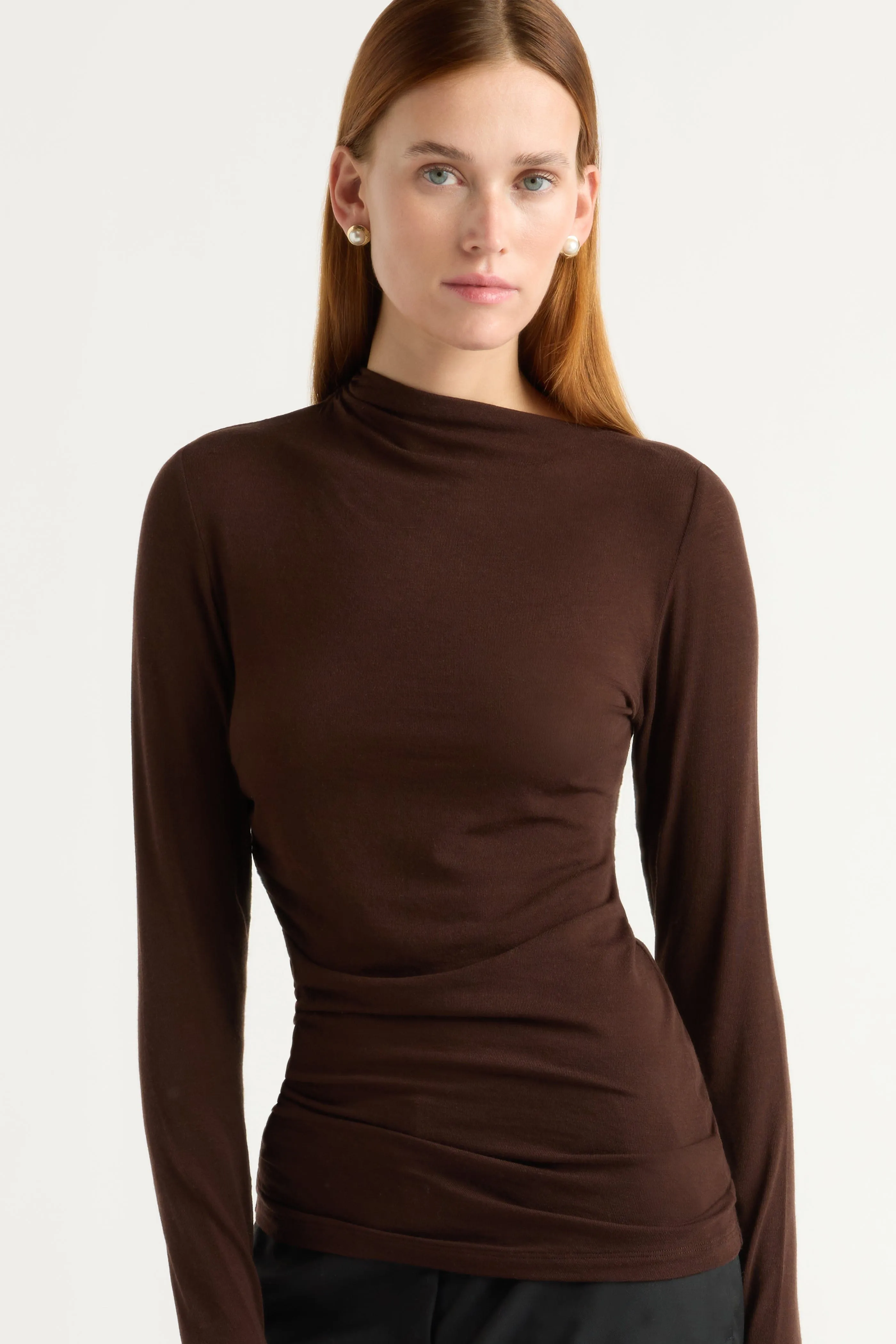 Vittoria Asymmetric-Neck Semi-Sheer Ruched Tee Comfy Cardigan Adjustable Shoulder Straps