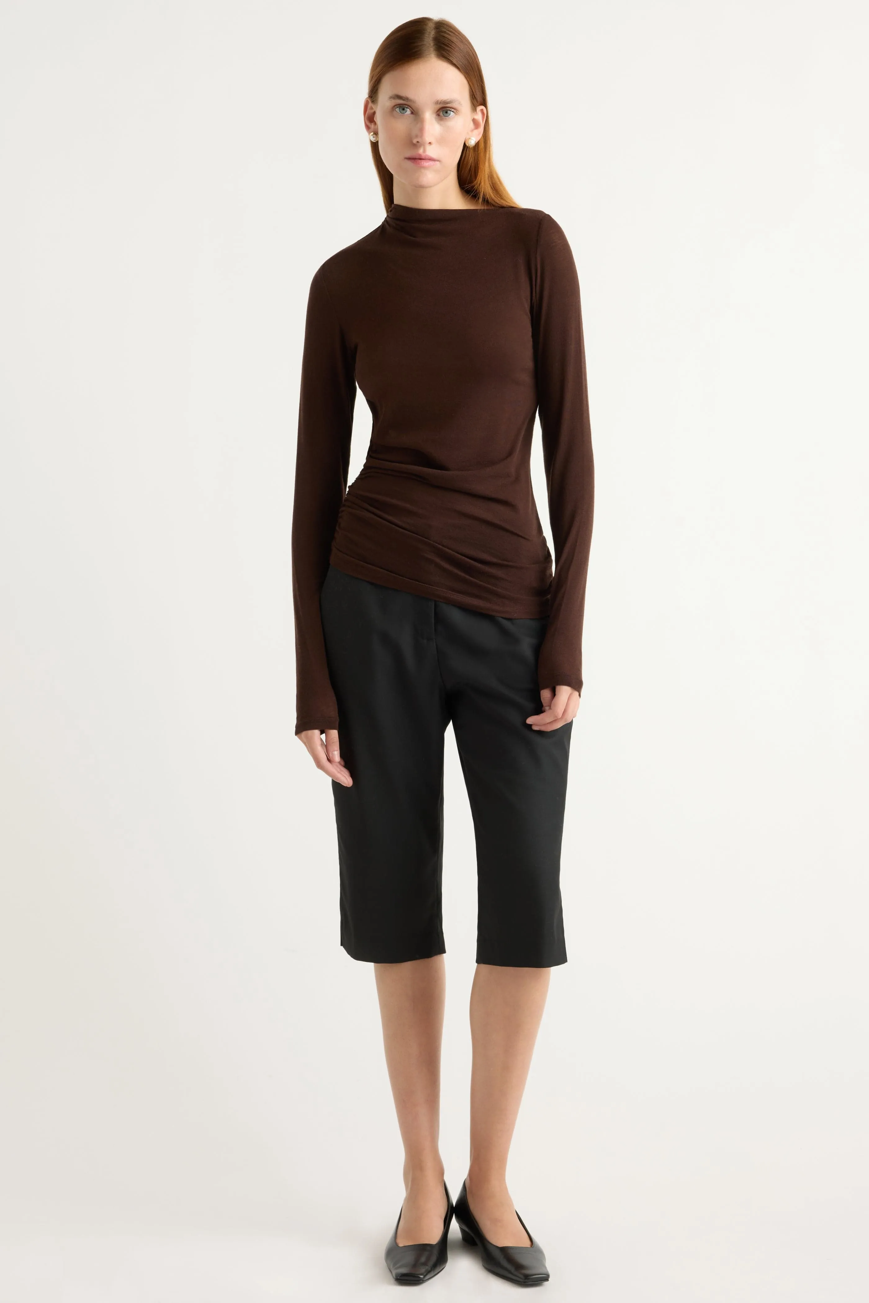 Layered Collar Structure Vittoria Asymmetric-Neck Semi-Sheer Ruched Tee