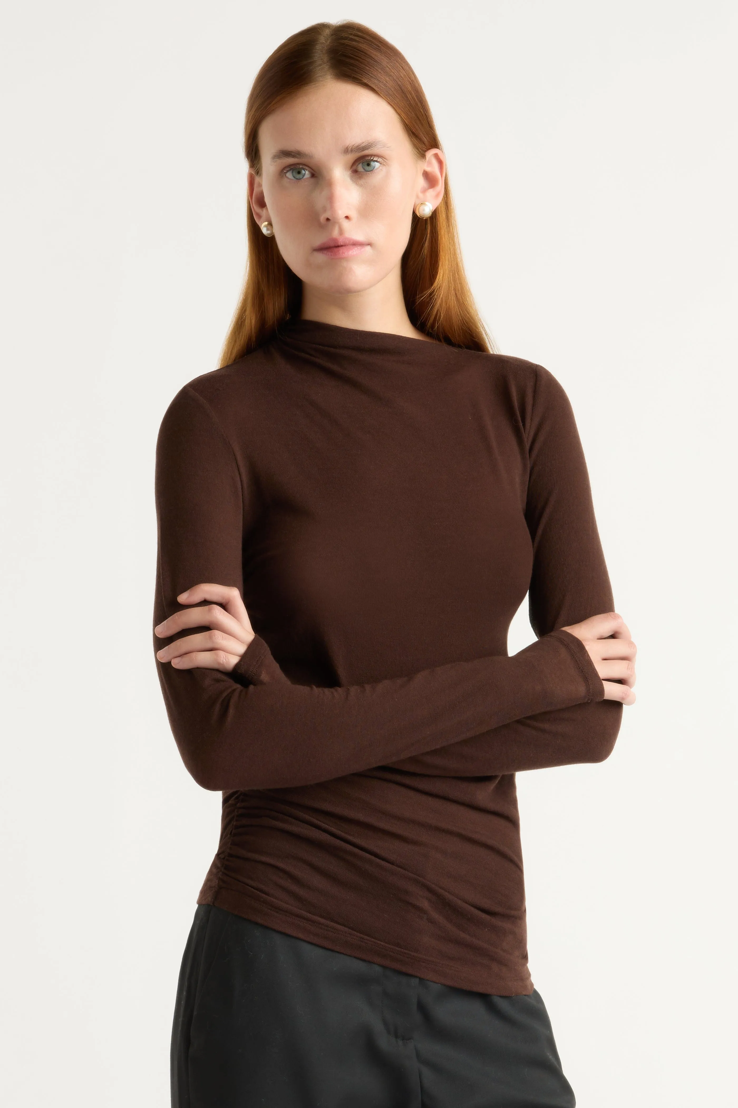 Wrinkle Free Weave Vittoria Asymmetric-Neck Semi-Sheer Ruched Tee