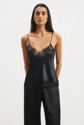 Mesh Panel Details Satin Lace Detail Camisole - Black