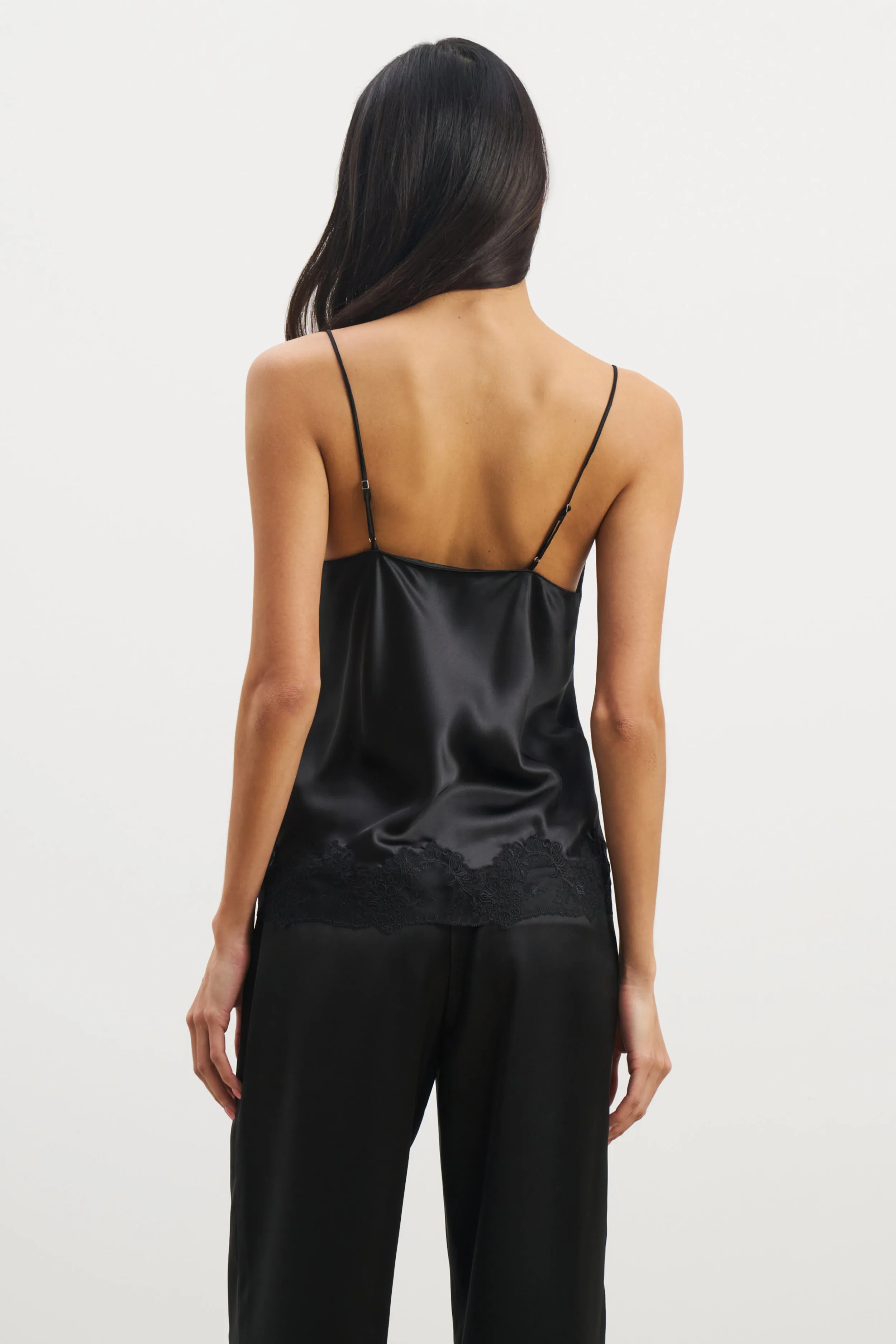 Satin Lace Detail Camisole - Black Ribbed Knit Fabric AllDay Comfort Design