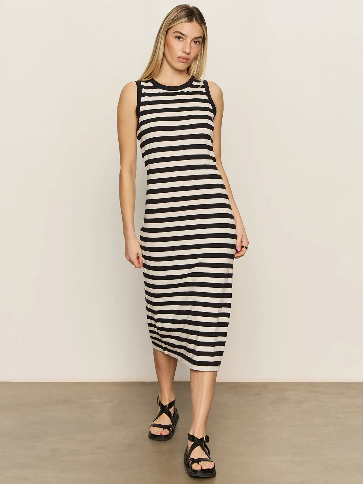 Easy Care Contrast Trim Maxi Dress Black Macrame Stripe