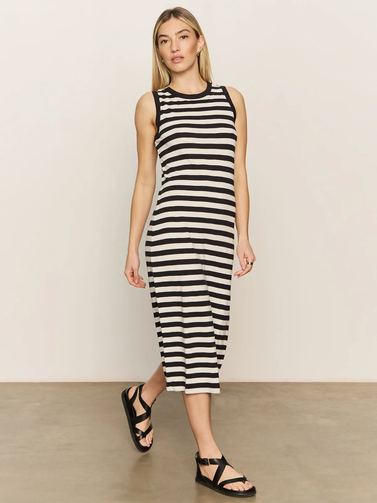 Workwear Comfort Soft Volume Contrast Trim Maxi Dress Black Macrame Stripe