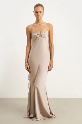 Ruched Bust Satin Slip Dress - Taupe Street Mood Fit Easy