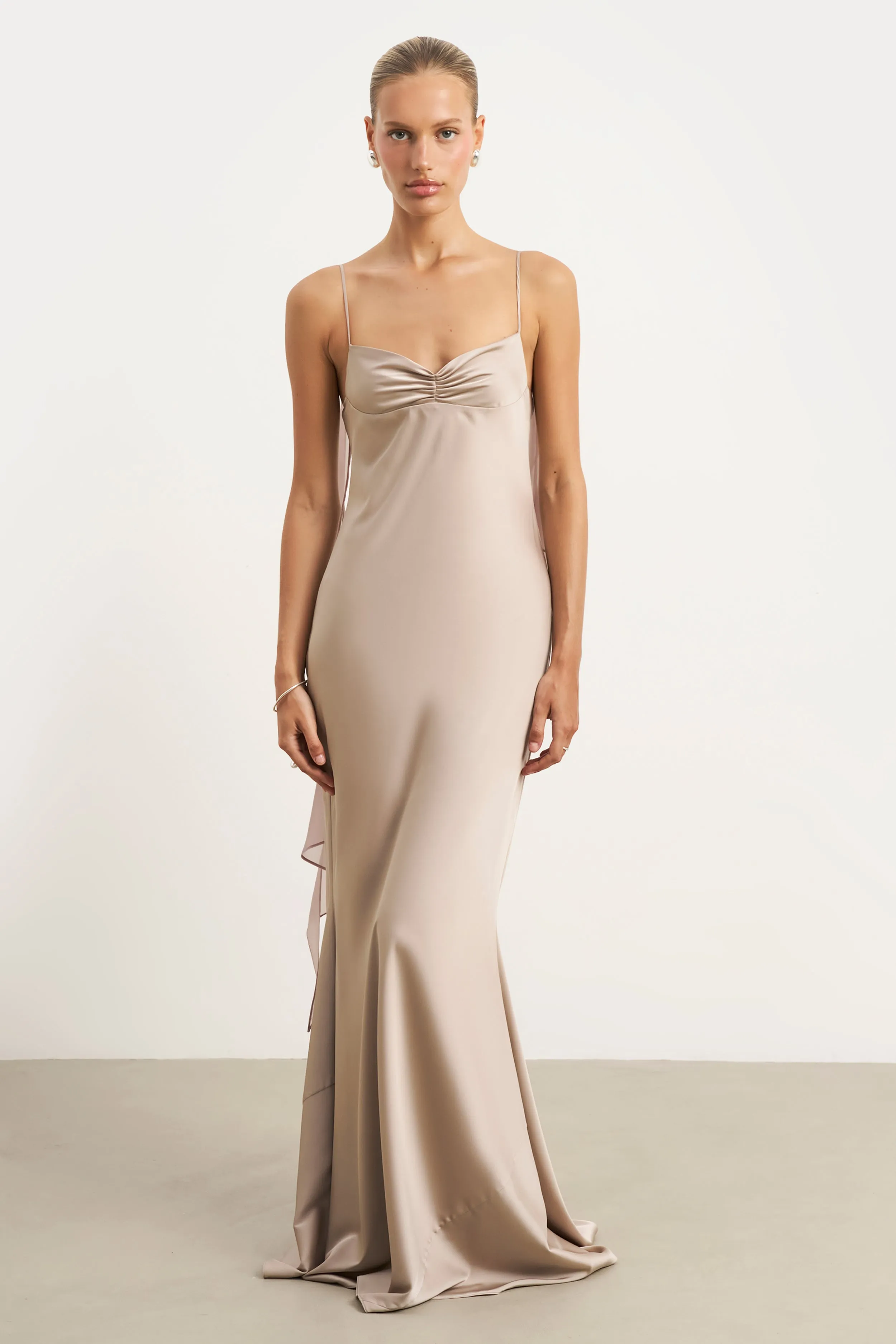 Ruched Bust Satin Slip Dress - Taupe Street Mood Fit Easy