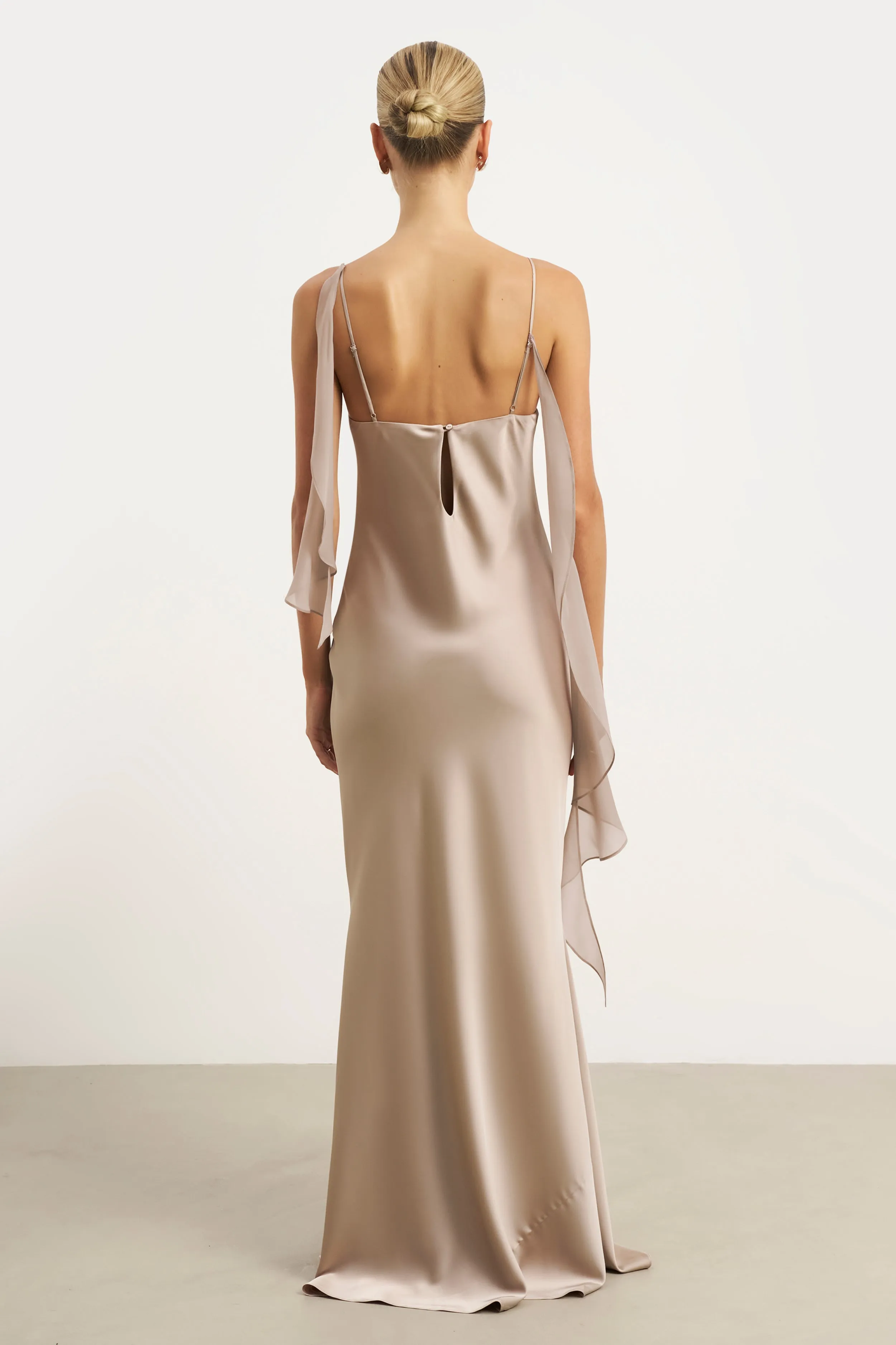 Climate-Adaptive Wide Hemline Ruched Bust Satin Slip Dress - Taupe