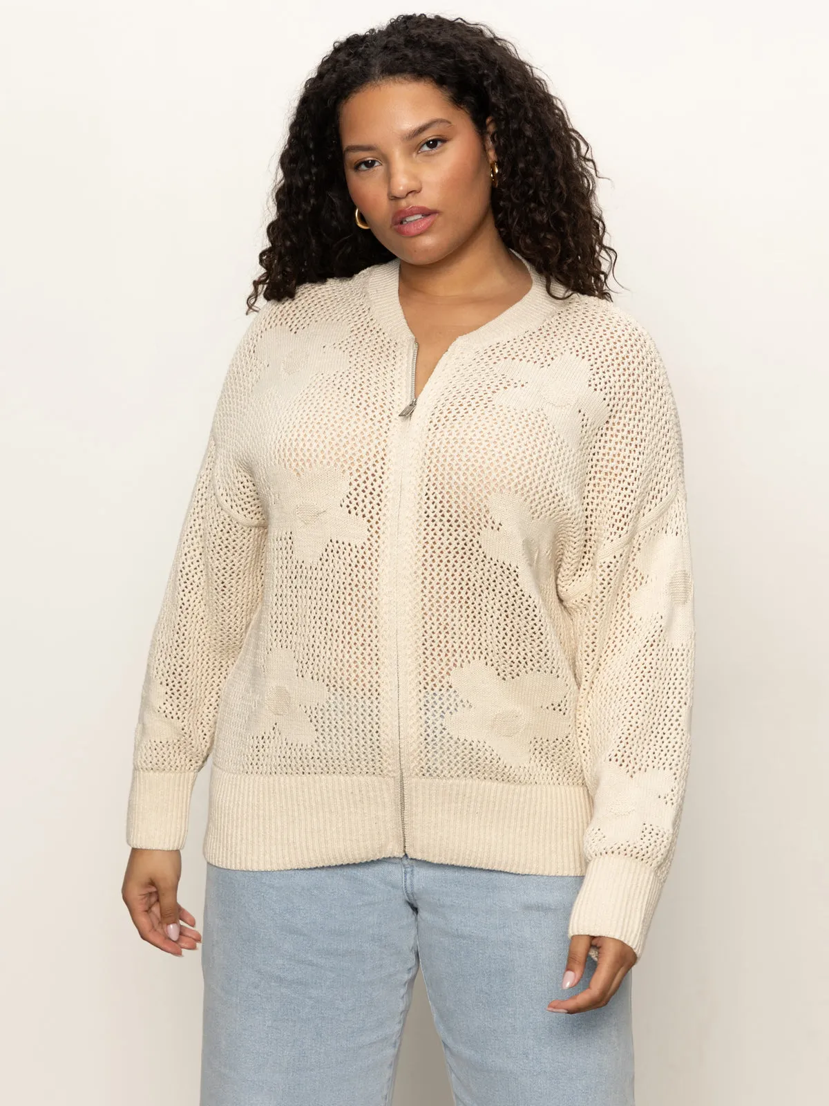 Flower Pop Open Stitch Jacket Eco Natural Extended Sizing Form Fitting