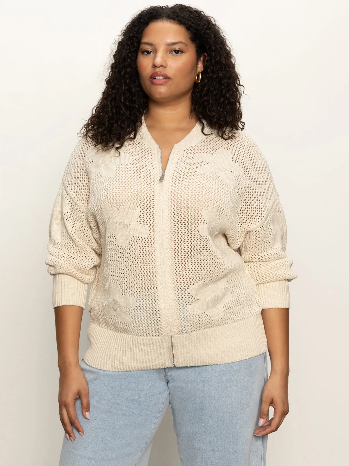 YarnBlend Flower Pop Open Stitch Jacket Eco Natural Extended Sizing