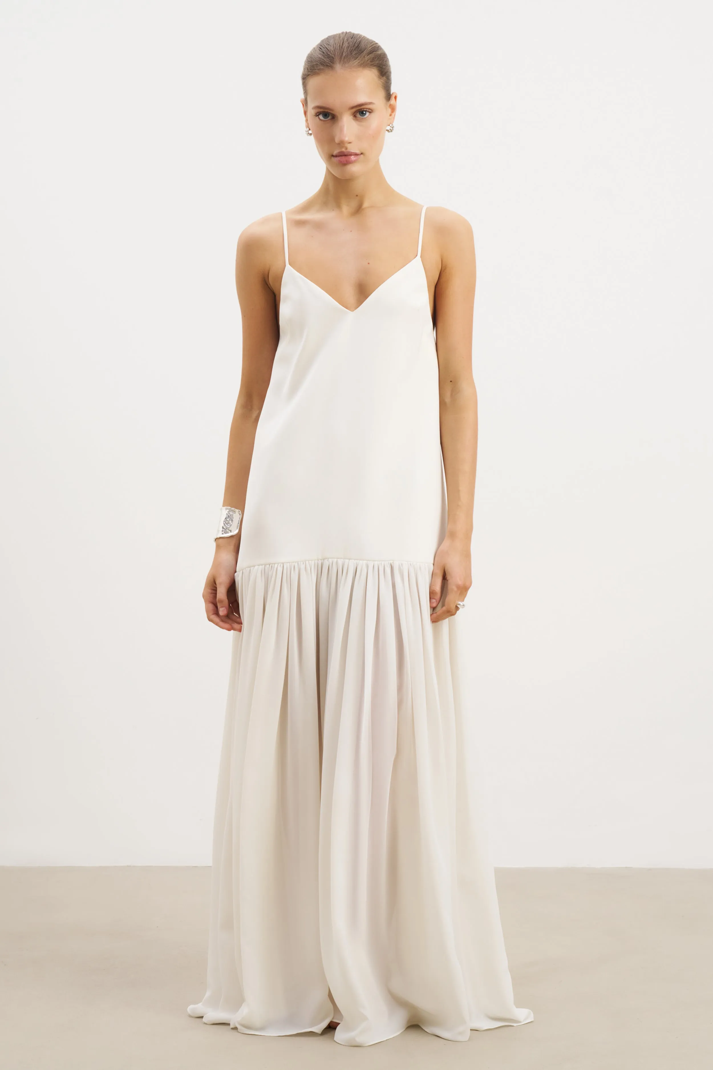 Flowing Dropped Waist Maxi Dress - Cream Relaxed-fit maxi dress