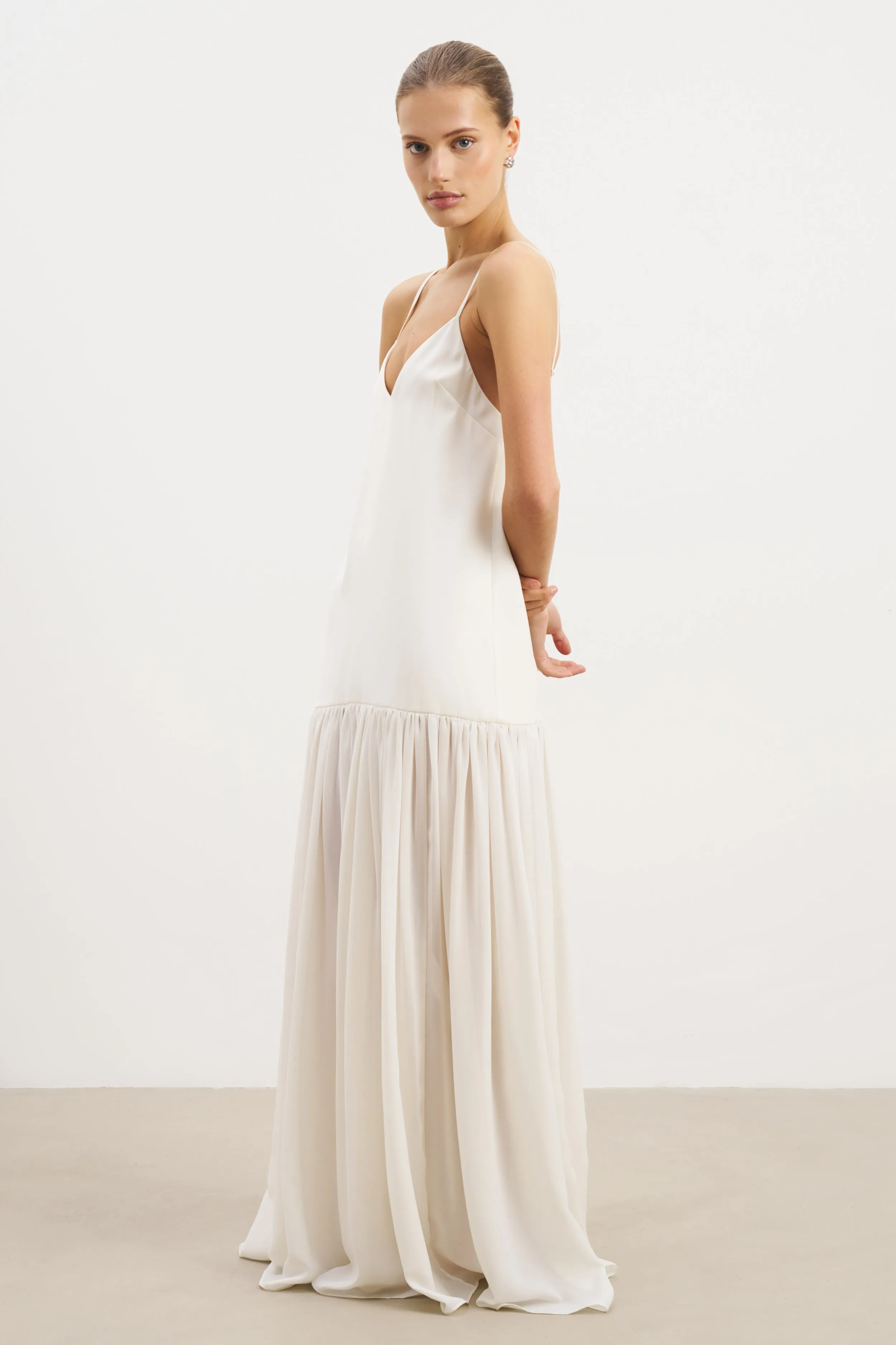 Contemporary Fit Light Blend Flowing Dropped Waist Maxi Dress - Cream