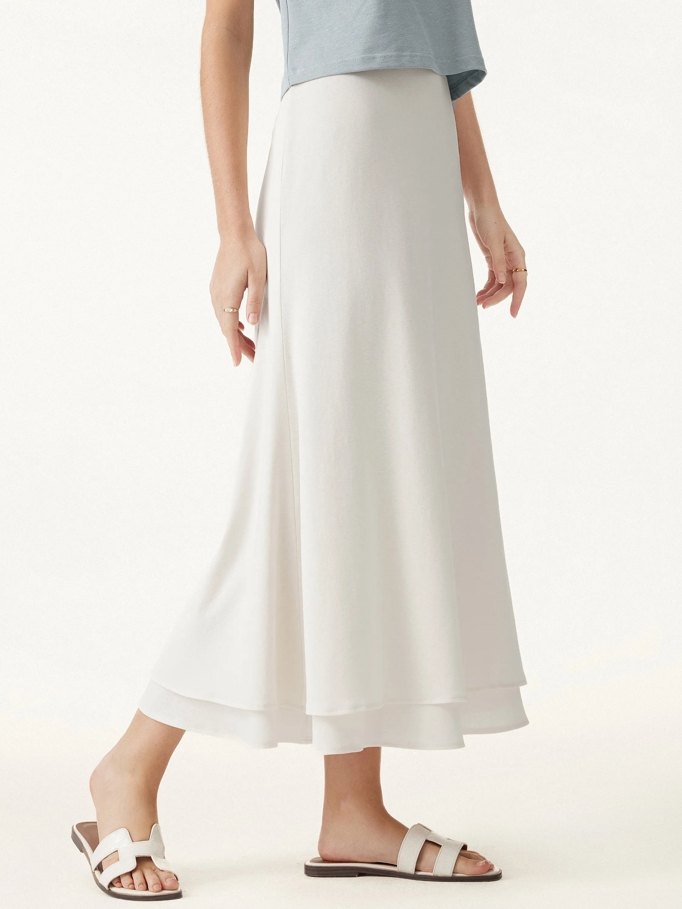 Flowy Cotton-linen Midi Flared Skirt Compact Packability Mesh Lined