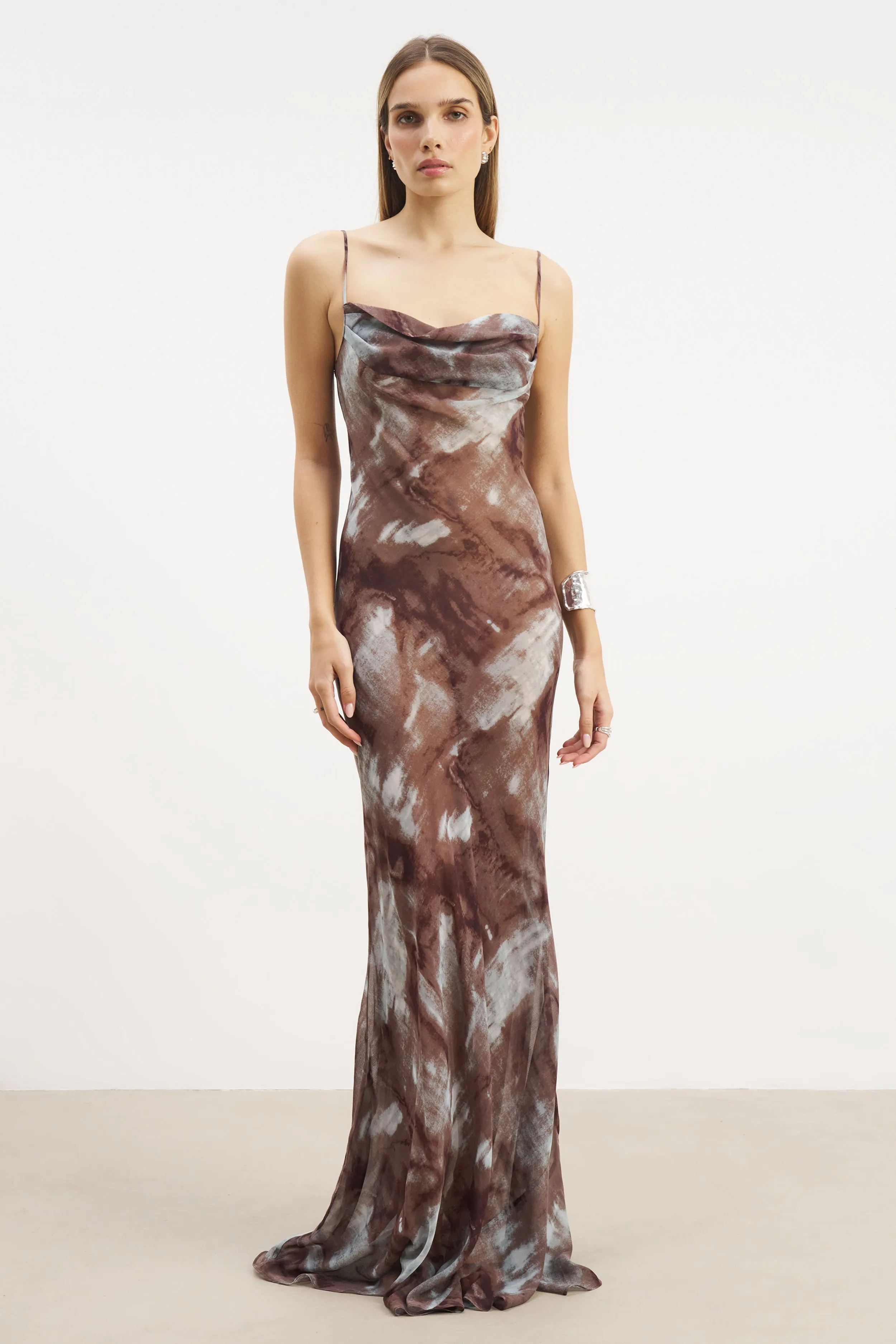 Versatile Cut Ruched Chiffon Maxi Dress - Blue Marble