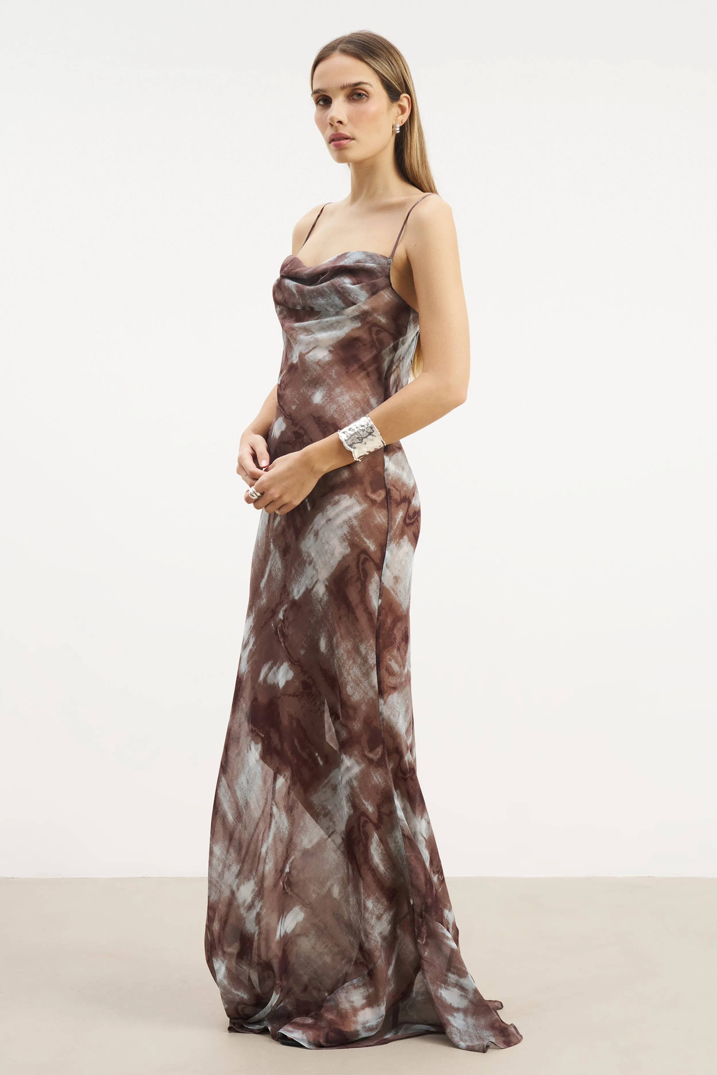 Ruched Chiffon Maxi Dress - Blue Marble Crystal-Detail Air Comfort