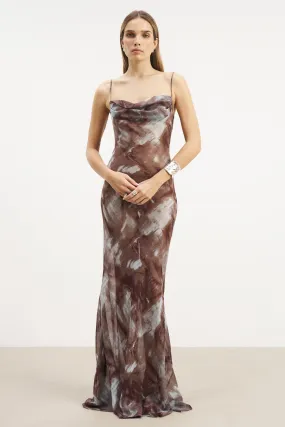 Ruched Chiffon Maxi Dress - Blue Marble Breathable fabric Fashionable And Functional