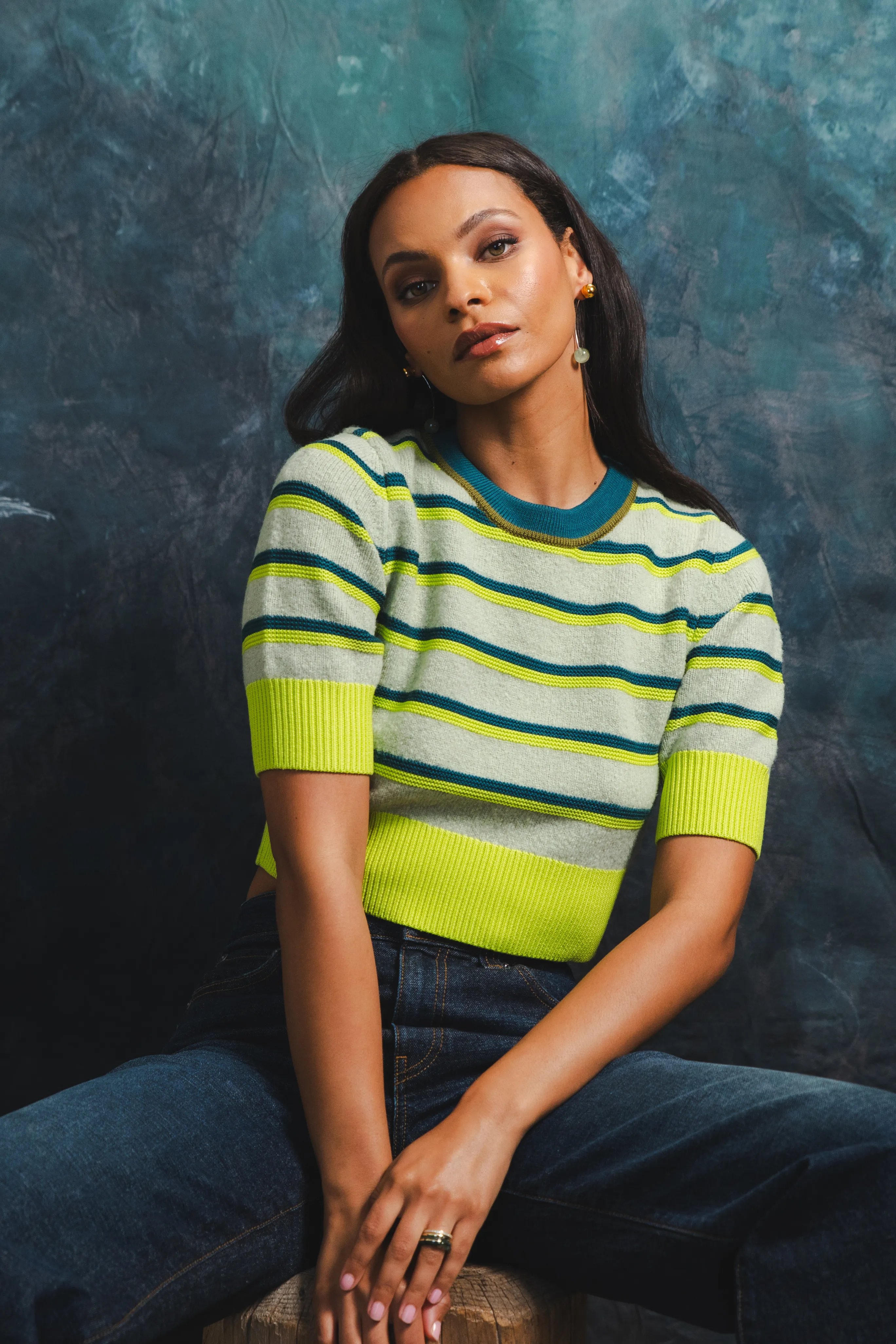 Striped Cropped Ringer Tee Chic Cardigan Microfiber Material