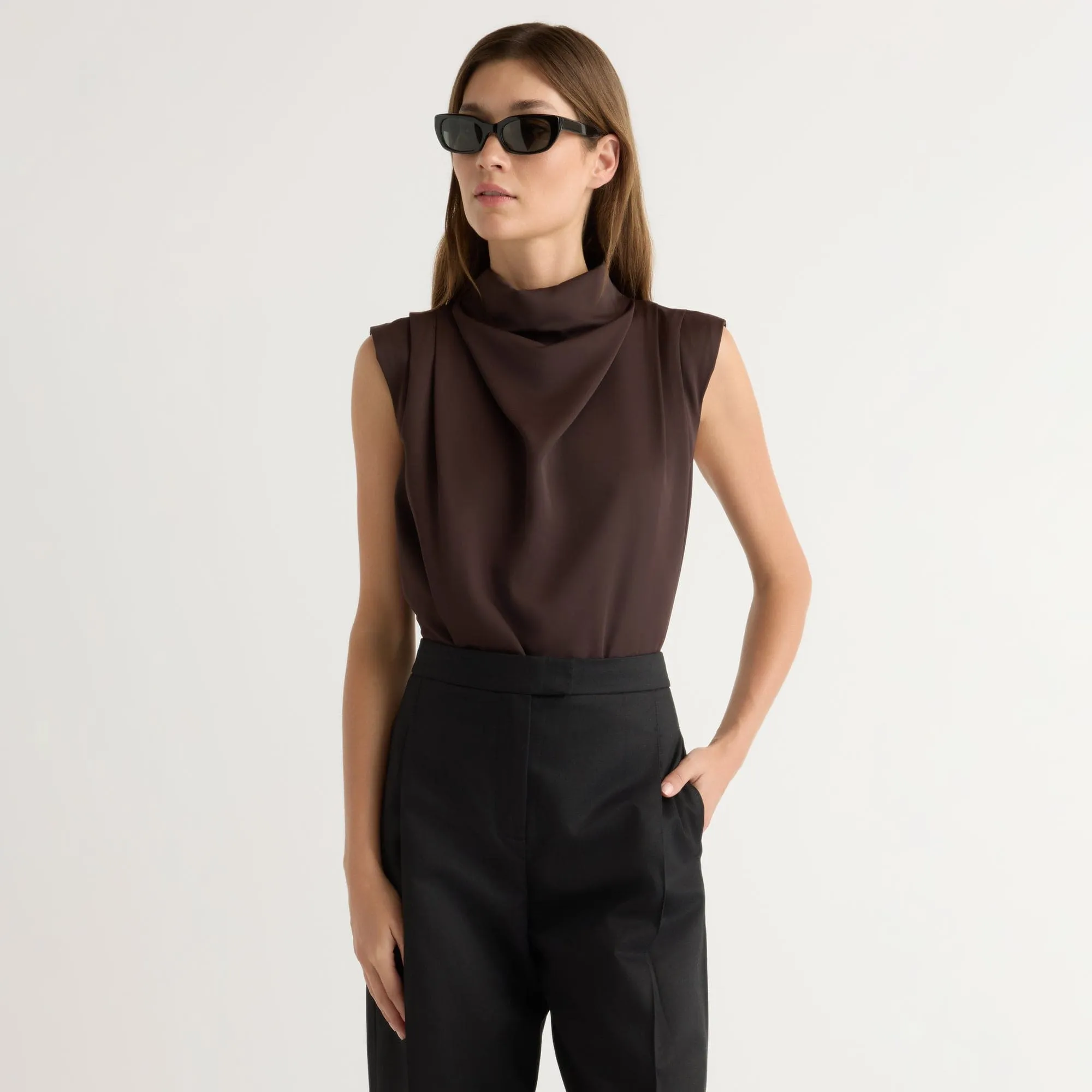 Allegra Gathered-Neck Sleeveless Blouse MultiFunctionalPockets