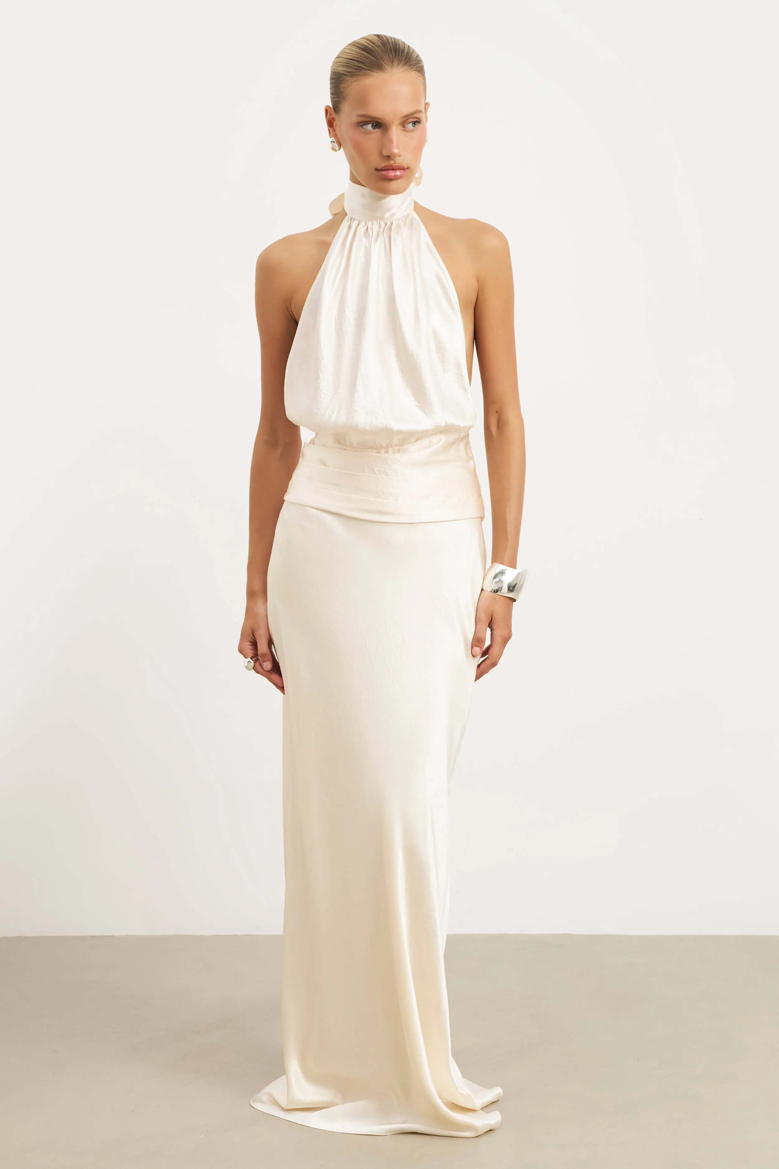 Crushed Satin Bias Cut Maxi Skirt - Champagne Cool Details Chic Attire