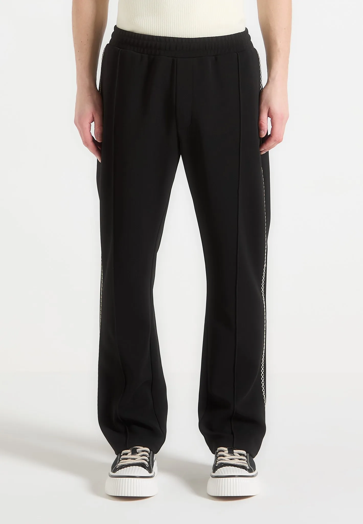 Gael - Contrast Whipstitch Relaxed Track Pants - Black Comfortable Layer Ribbed Trim Details