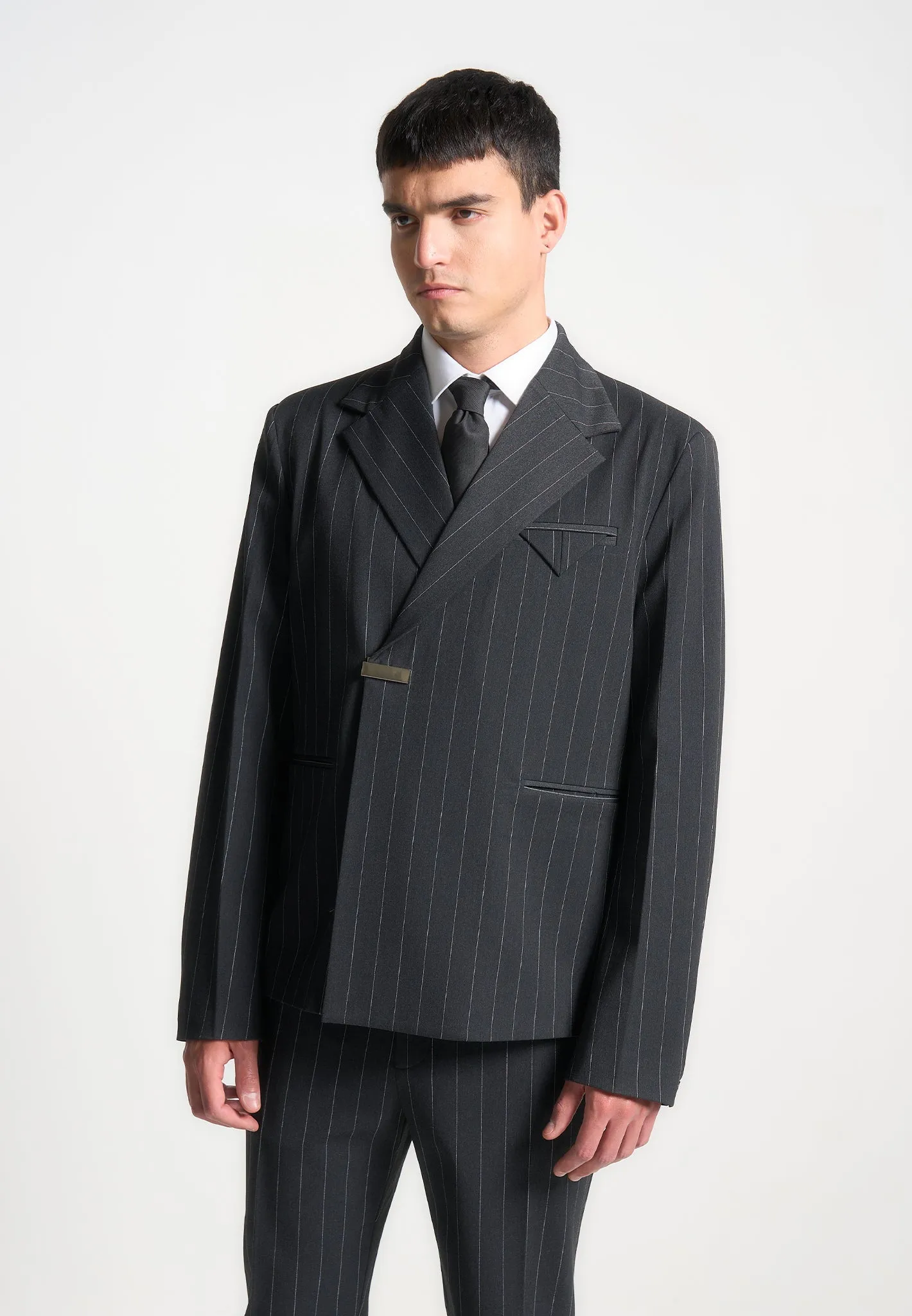 Flattering Style Wear Perfectly Refined Gaston - Double Breasted Pinstripe Suit Jacket - Grey