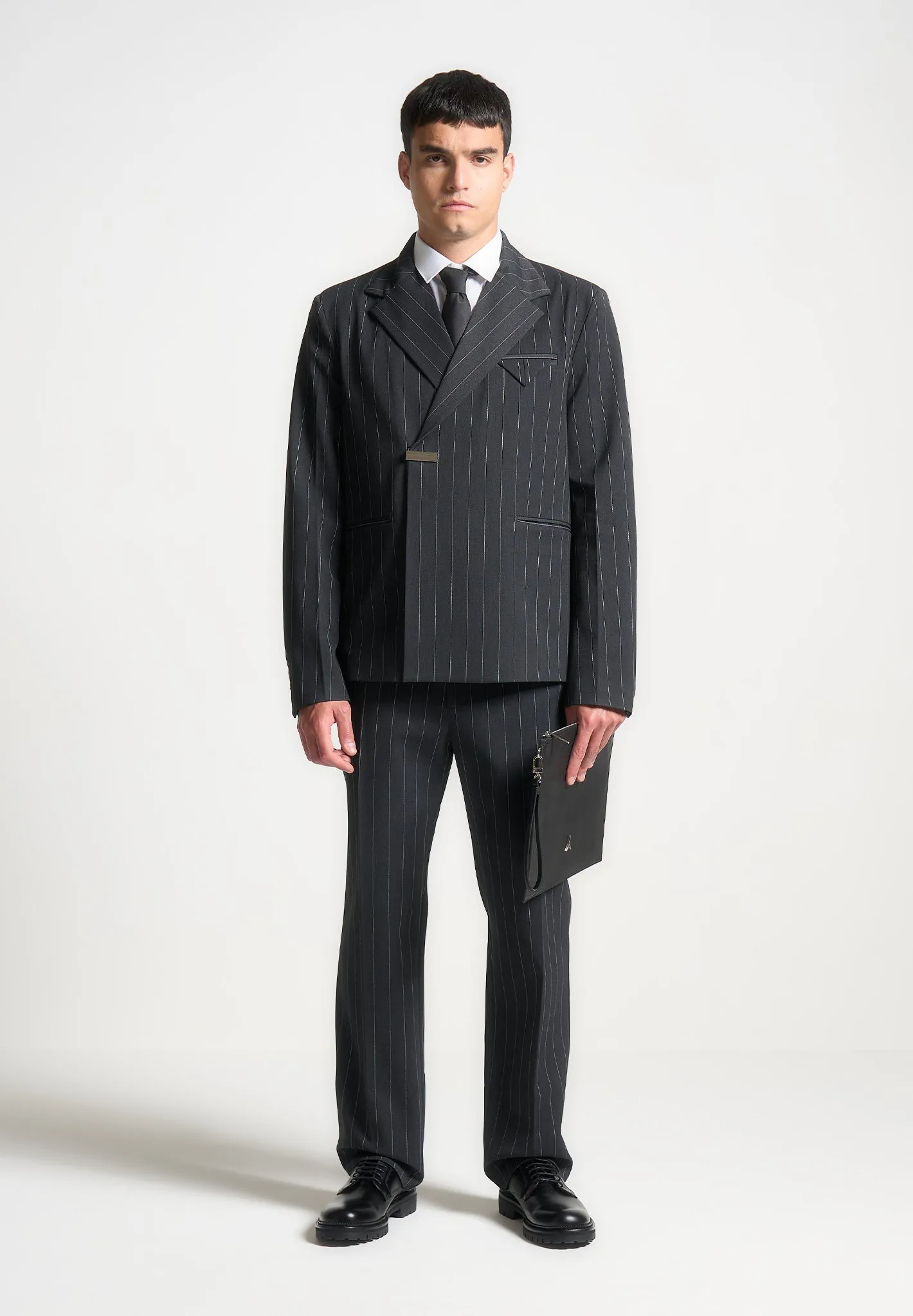 Work Wear Gaston - Double Breasted Pinstripe Suit Jacket - Grey