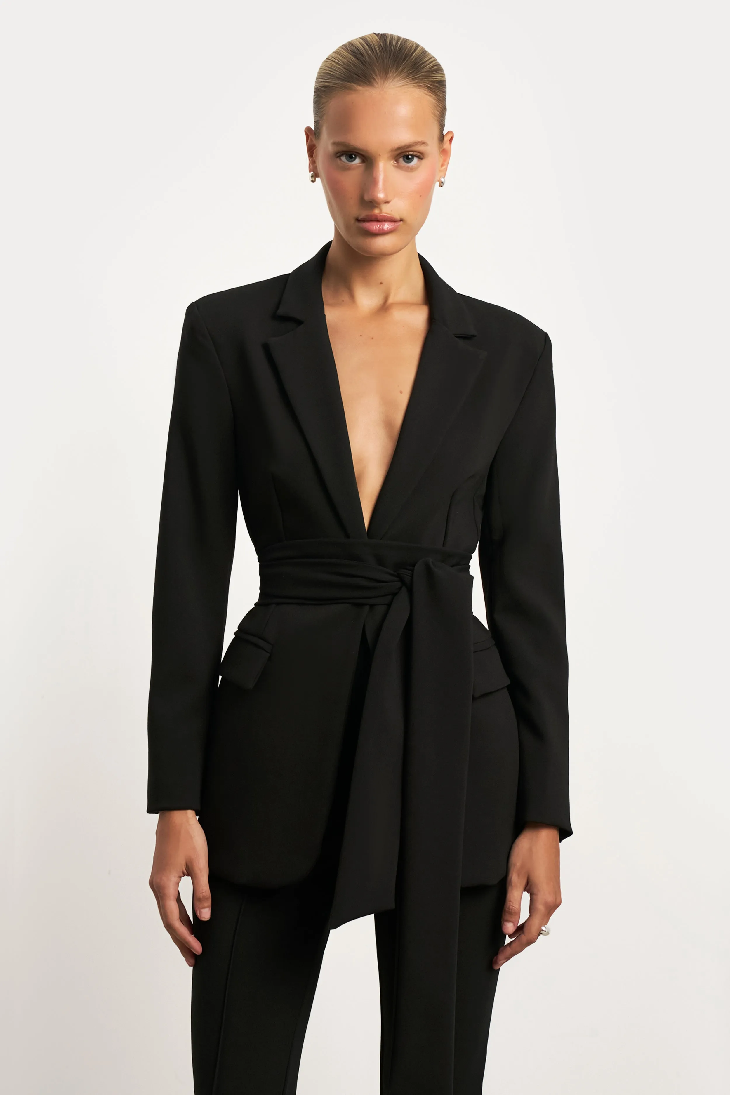 Classic Blazer With Belt - Black Skinny Fit topstitching