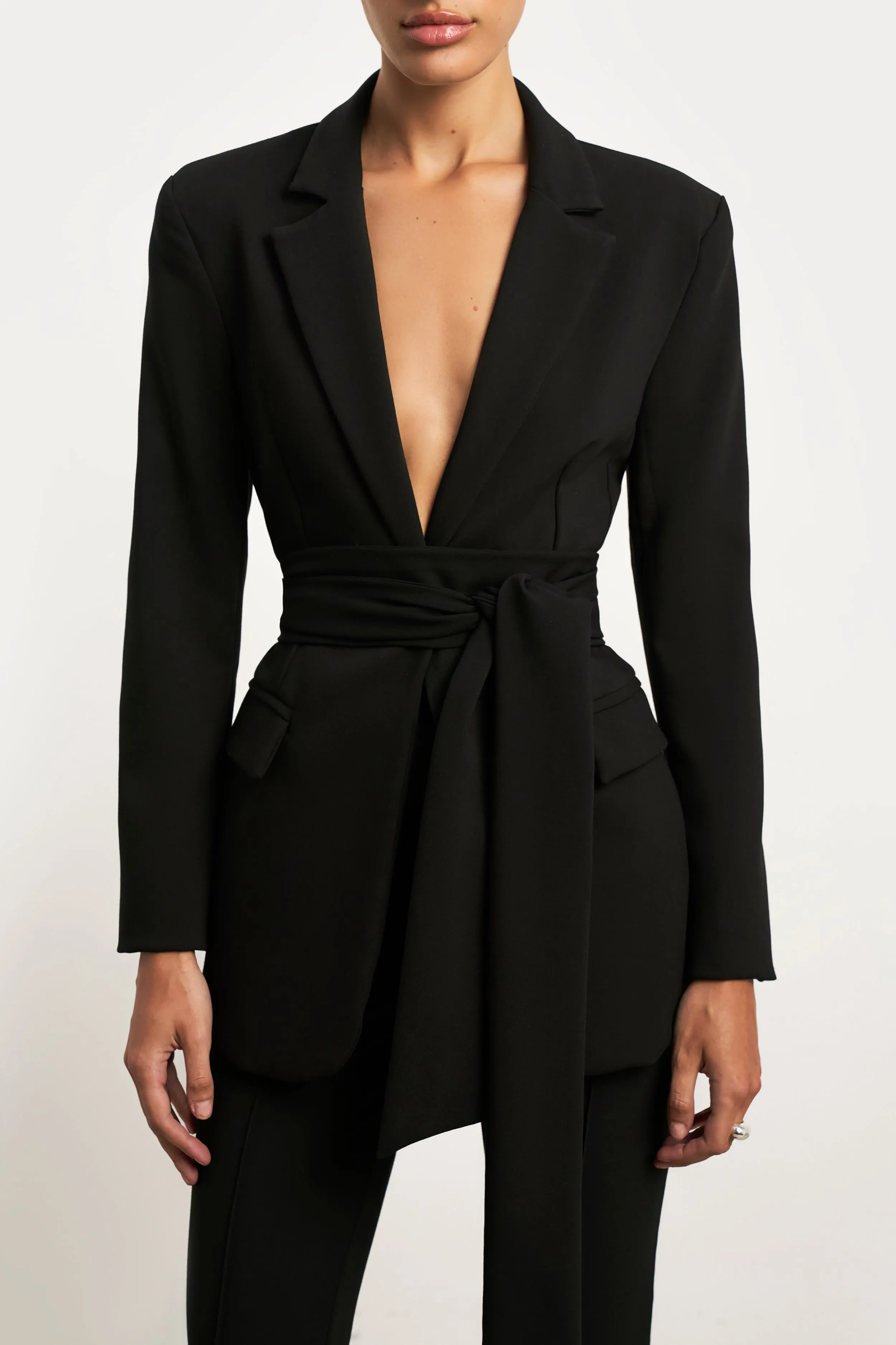 Classic Blazer With Belt - Black Contrast Stitching