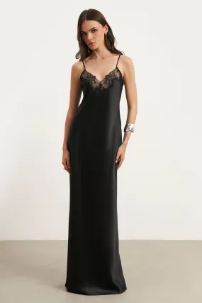 Satin Lace Detail Camisole Maxi Dress - Black Fitted Neat