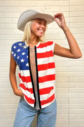 Stretch Knit Material American Flag Chain Middle Tank