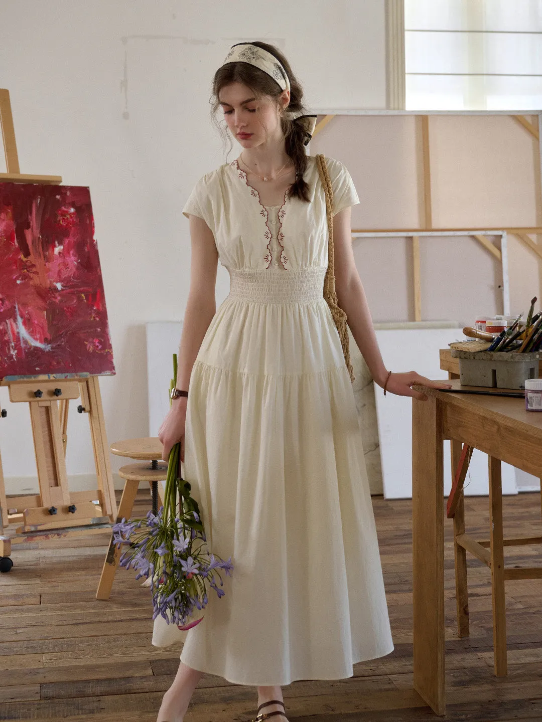 Style Moment Adalyn Wavy Neck Embroidery 100% Cotton Dress