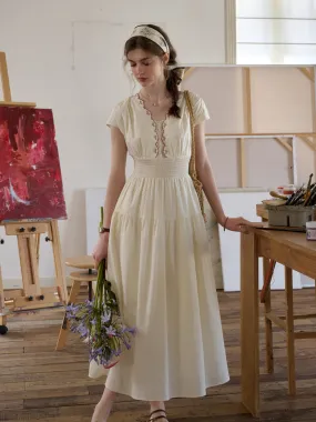 Linen Love Floor-Length Adalyn Wavy Neck Embroidery 100% Cotton Dress