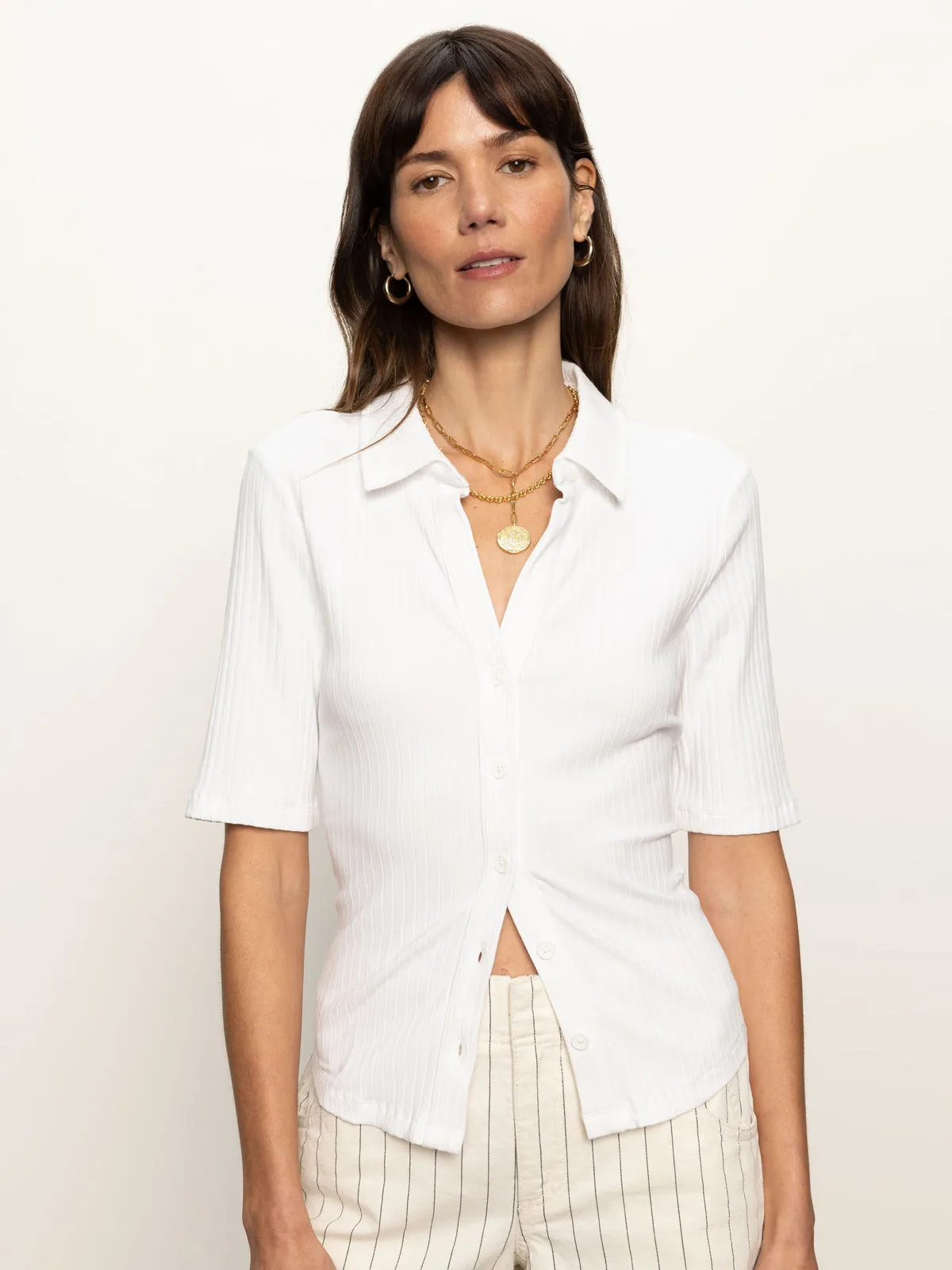 Half Sleeve Ribbed Knit Shirt White Versatile Wearable