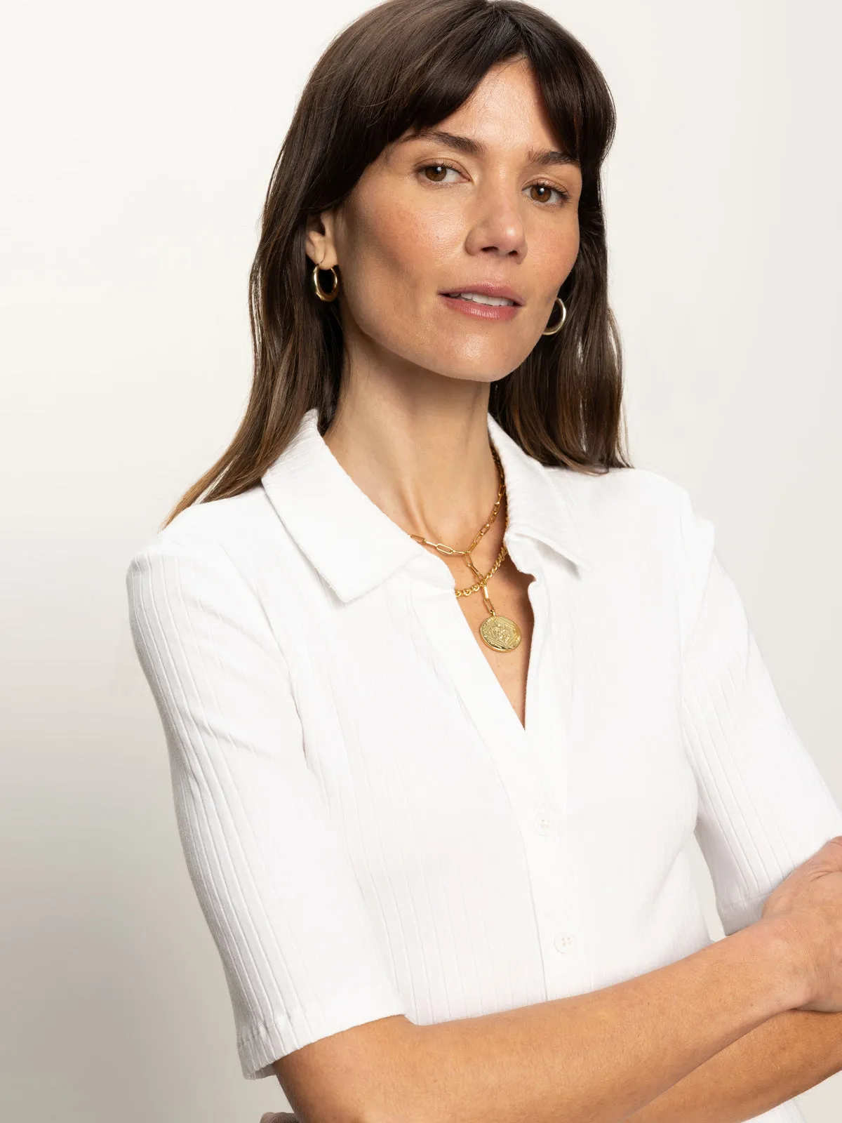 Stylish Day Wear Half Sleeve Ribbed Knit Shirt White