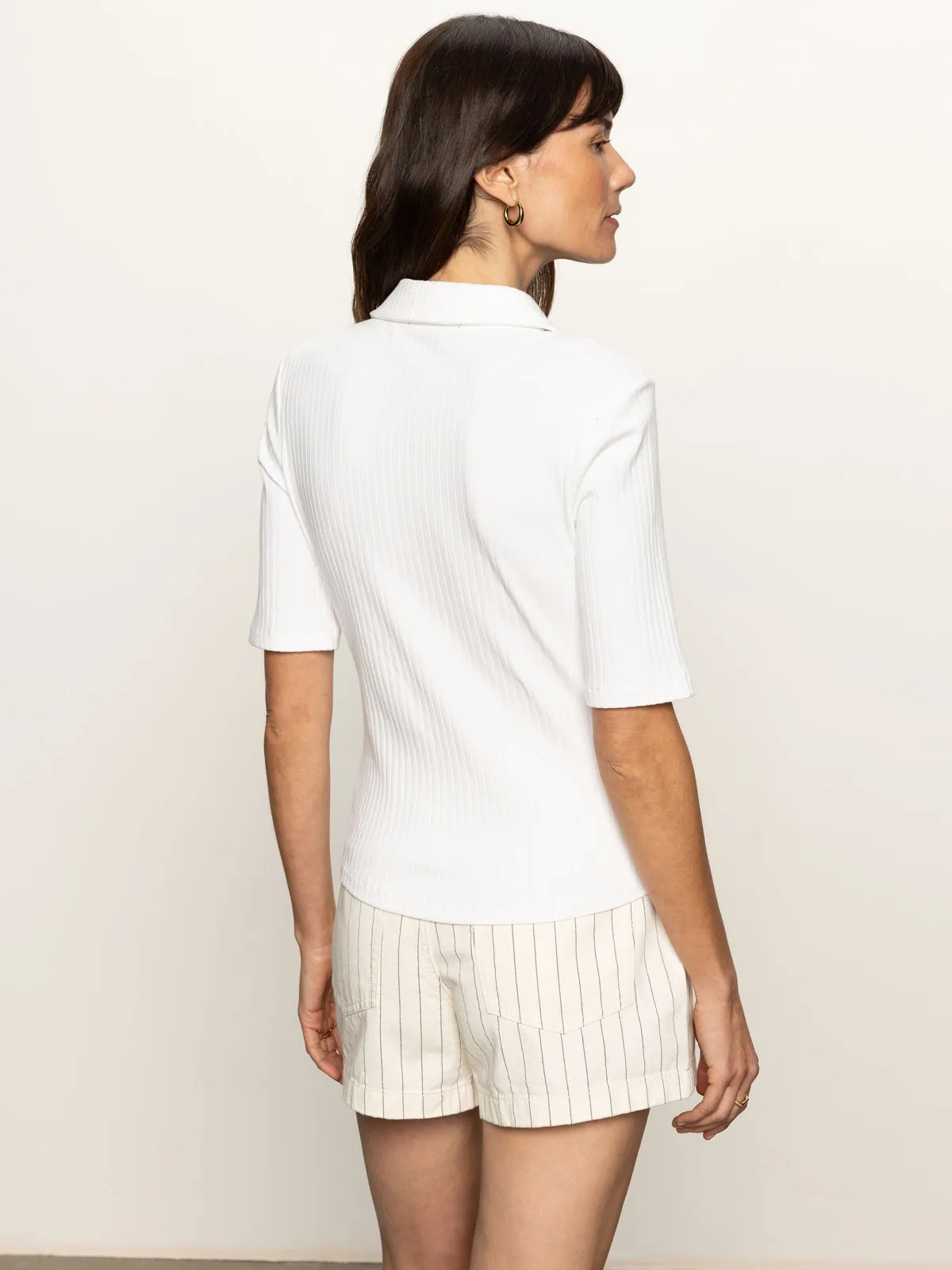 Half Sleeve Ribbed Knit Shirt White Formal Occasion
