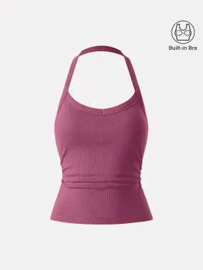Halter Neck Side Ruched Ribbed Brami Tank Casual Sweater Comfortable Cotton