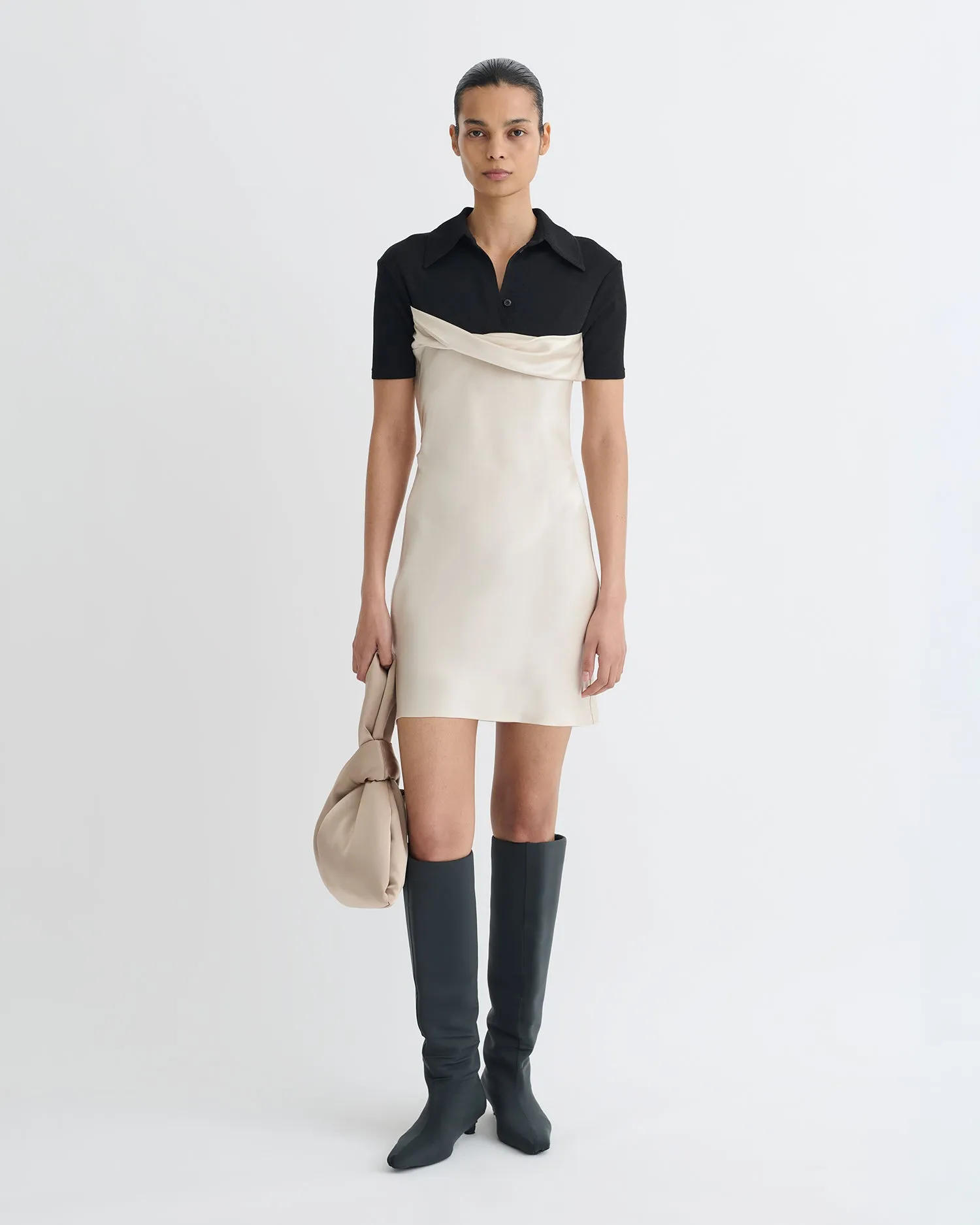 RelaxedNeckline ClassicCrewNeck Heceta - Mesh Jersey and Slip Satin Mini Dress - Creme/Black