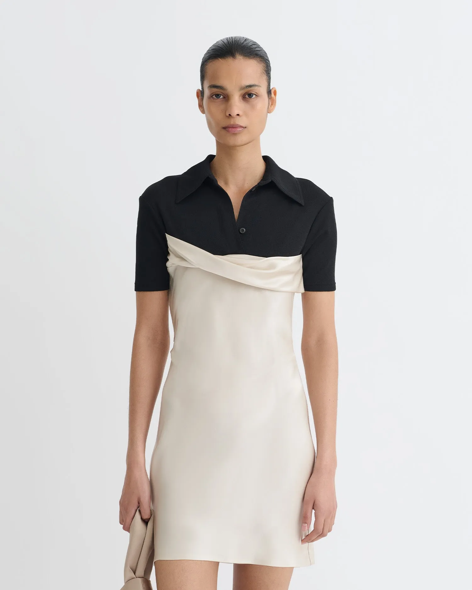 Sweat Absorbent Inner Layer Heceta - Mesh Jersey and Slip Satin Mini Dress - Creme/Black