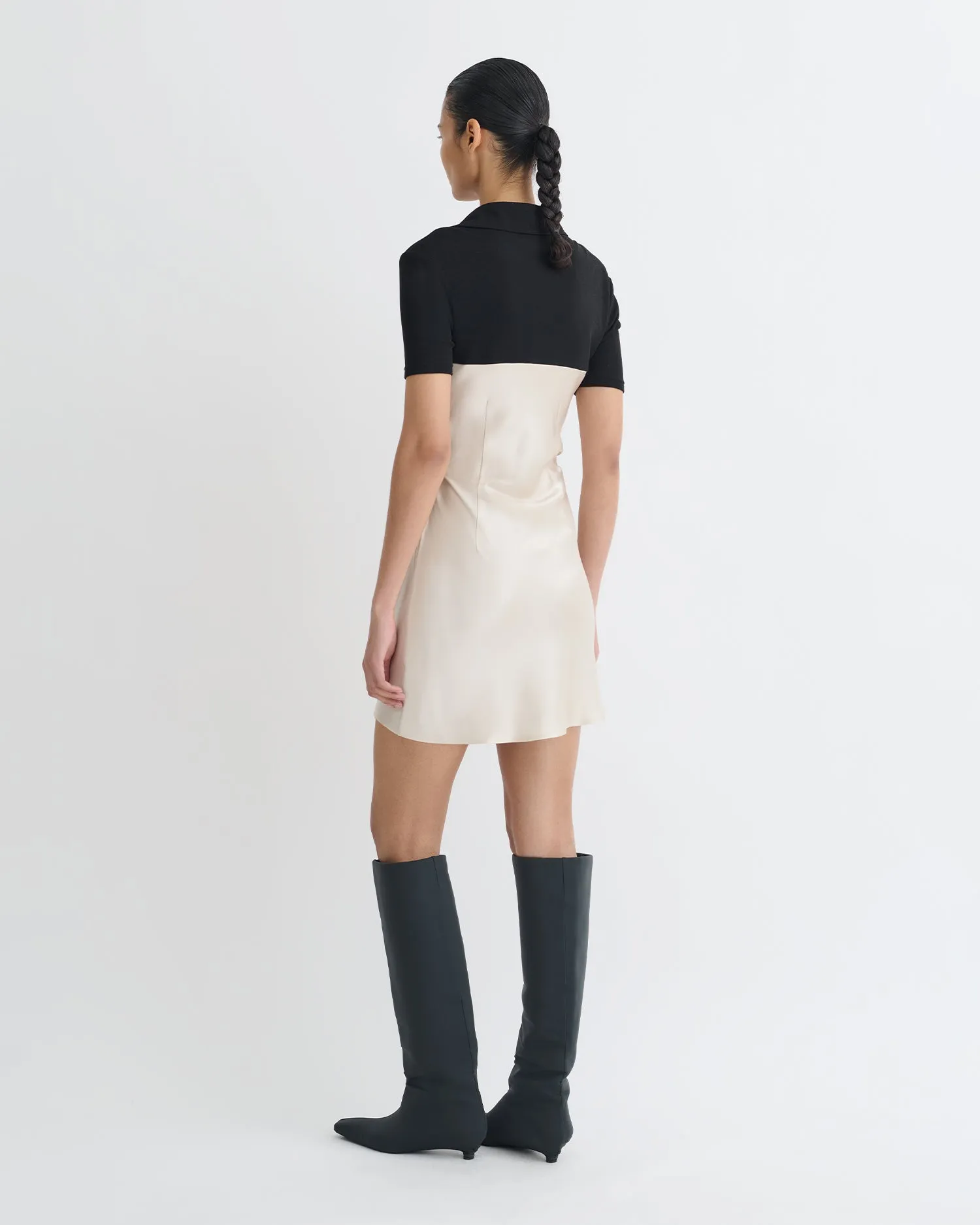 Resilient Elasticity All Purpose Casual Cut Heceta - Mesh Jersey and Slip Satin Mini Dress - Creme/Black