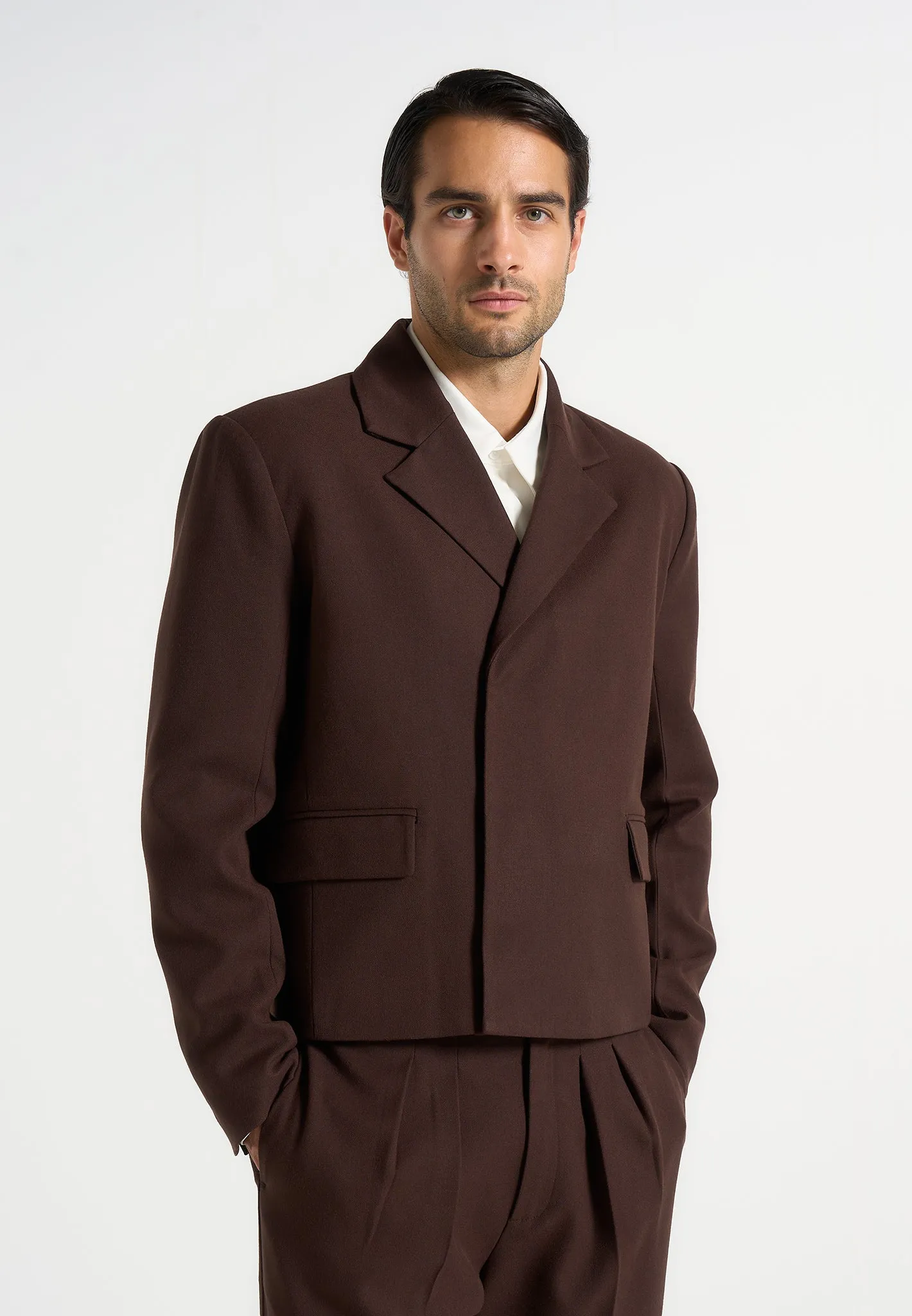 Hector - Double Breasted Tailored Cropped Blazer - Brown Timeless Design Wear