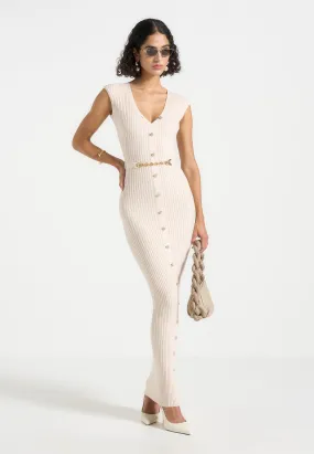 Night Mood Soft Tones Helene - Knitted Midaxi Dress with Belt - Beige