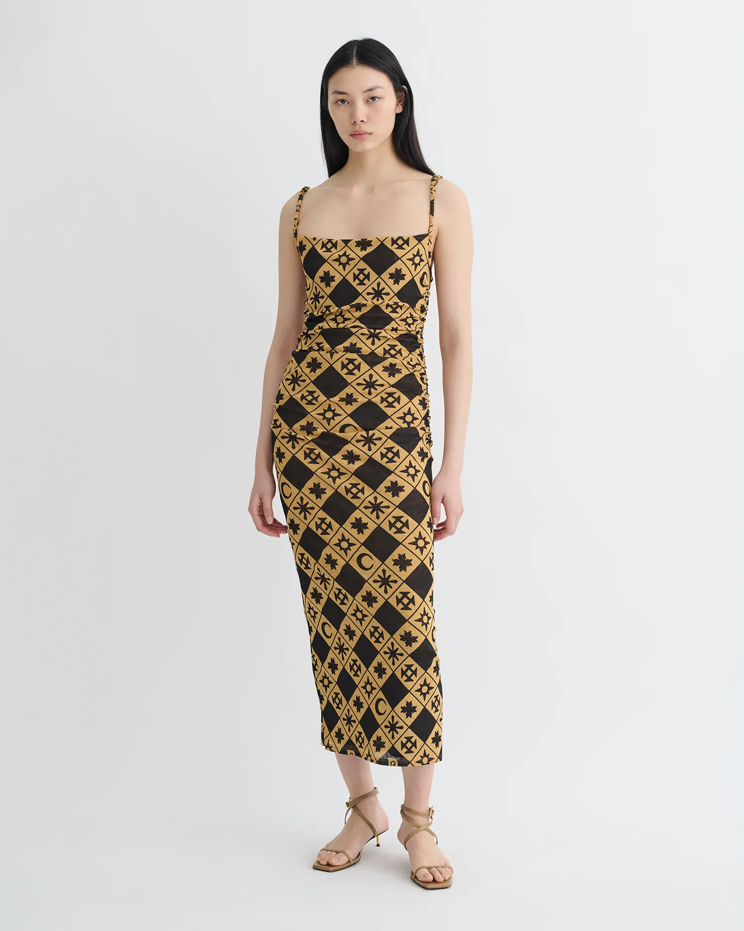 Alexa - Printed Mesh Jersey Midi Dress - Symbol Tile Oak Hot Weather EcoFriendly Manufacturing